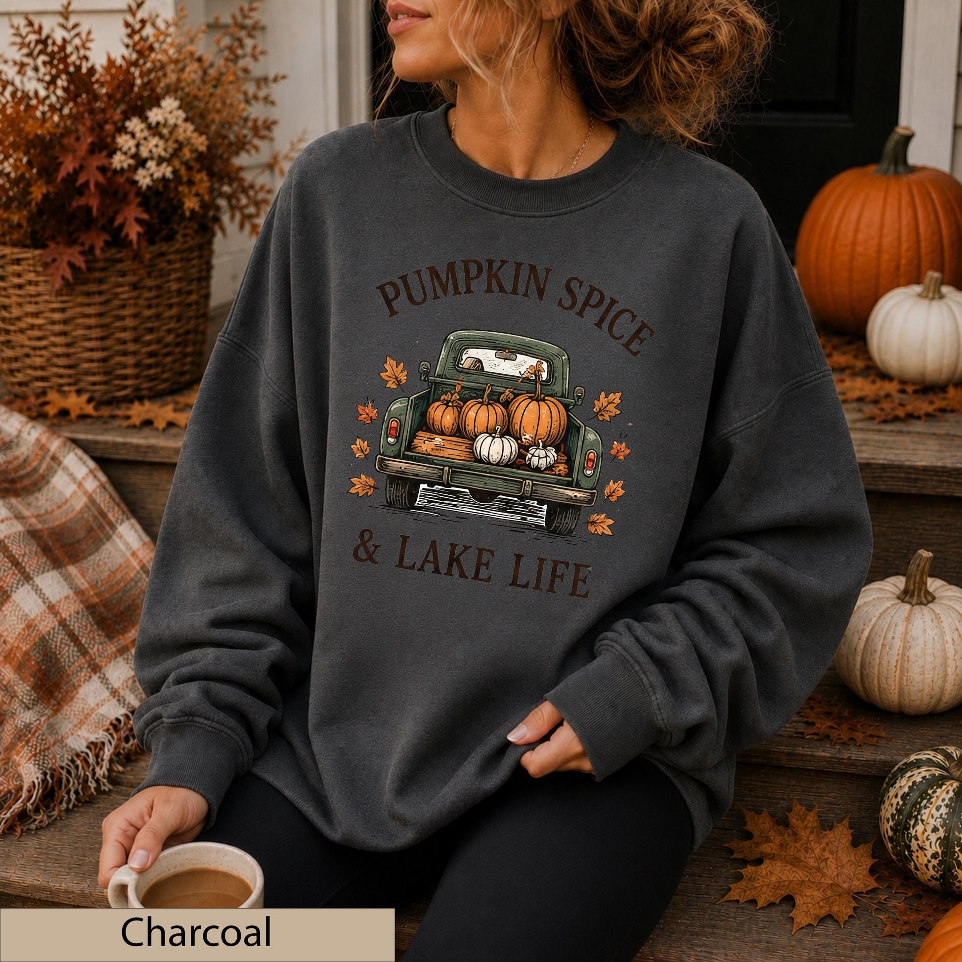 Vintage Pumpkin Truck Sweatshirt, Cozy Fall Lake Life Crewneck