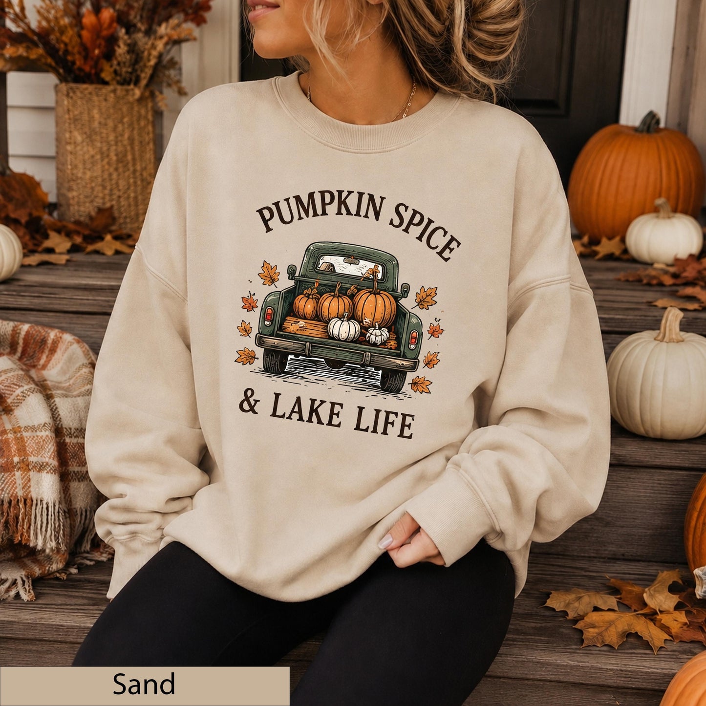 Vintage Pumpkin Truck Sweatshirt, Cozy Fall Lake Life Crewneck
