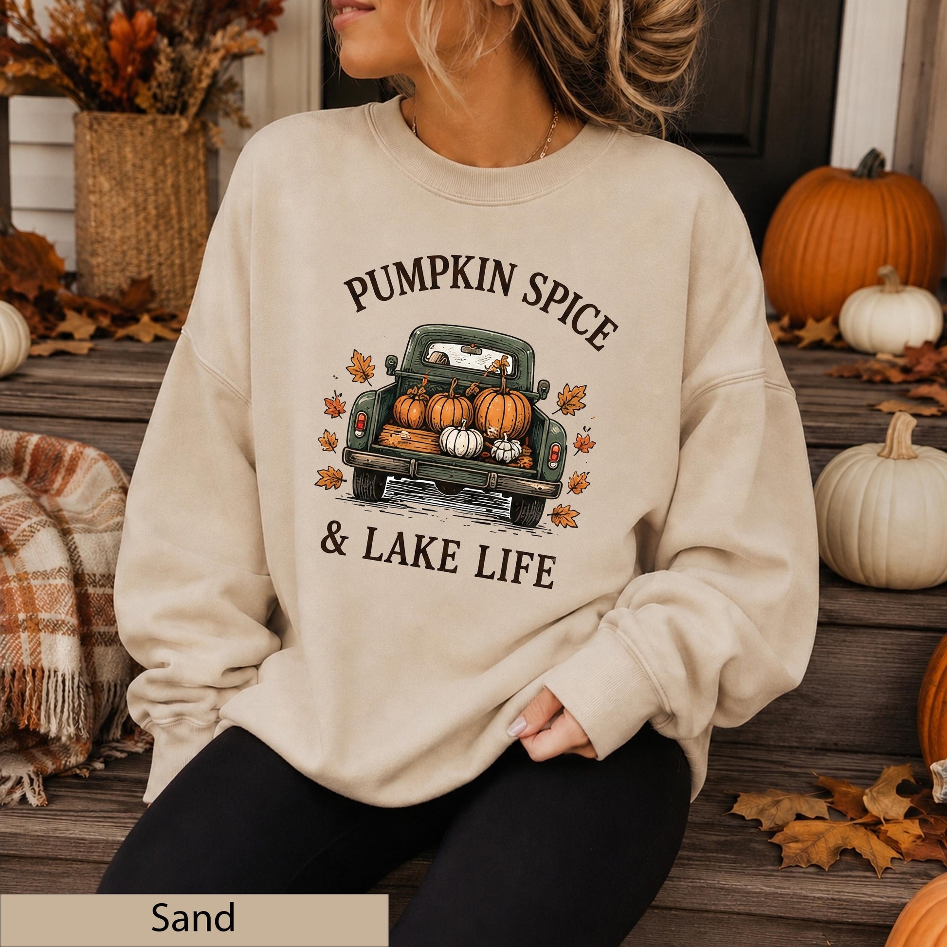 Vintage Pumpkin Truck Sweatshirt, Cozy Fall Lake Life Crewneck