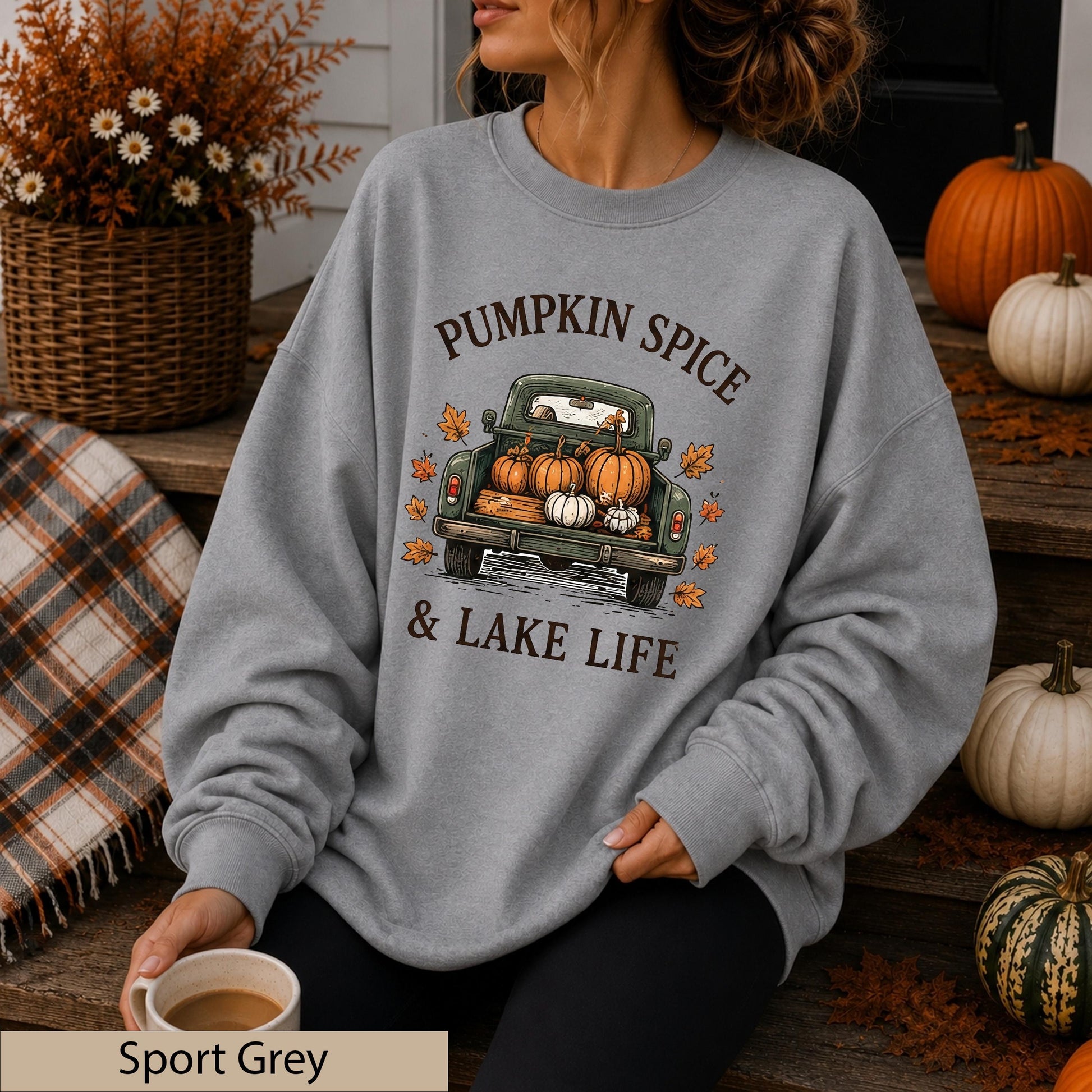 Vintage Pumpkin Truck Sweatshirt, Cozy Fall Lake Life Crewneck
