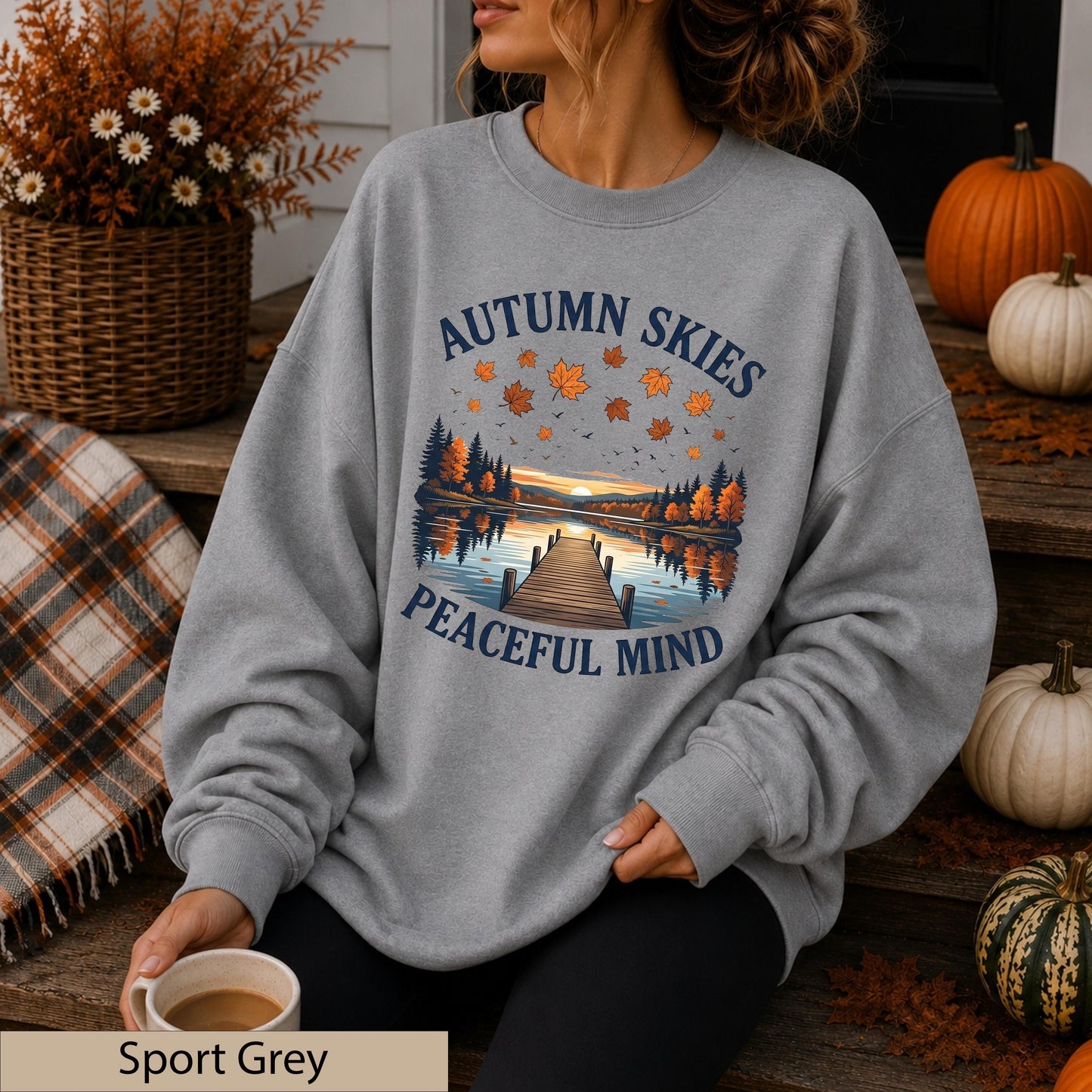 Autumn Skies Peaceful Mind Crewneck, Lakeside Sunset Landscape Sweater