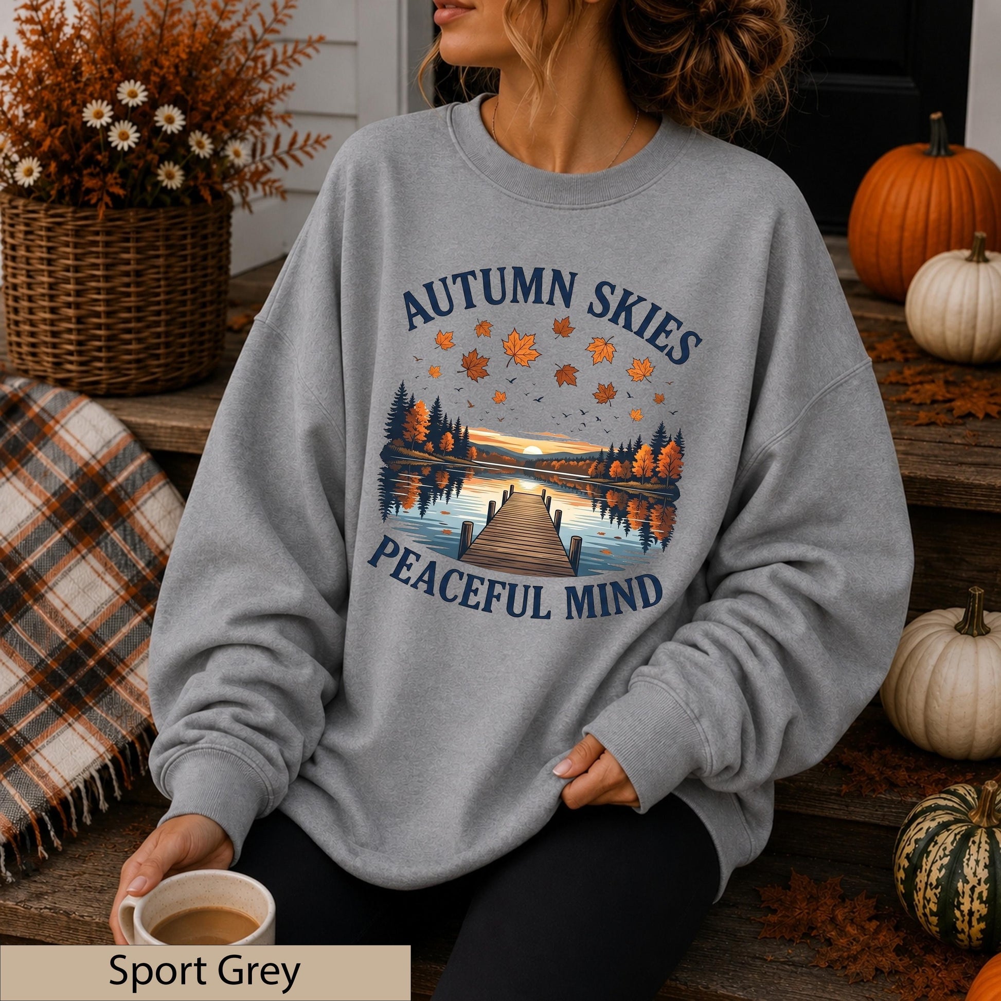 Autumn Skies Peaceful Mind Crewneck, Lakeside Sunset Landscape Sweater