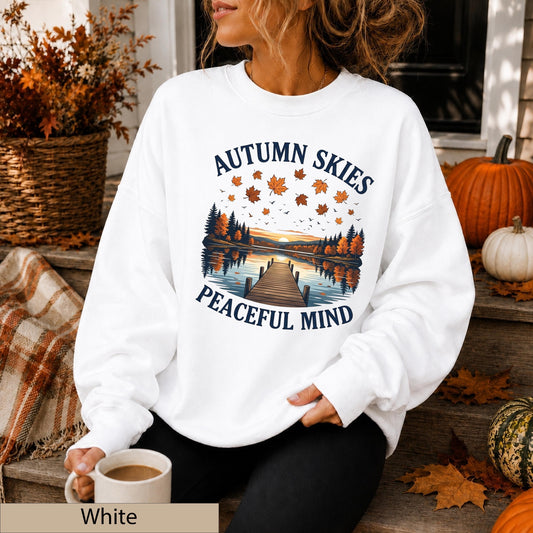 Autumn Skies Peaceful Mind Crewneck, Lakeside Sunset Landscape Sweater