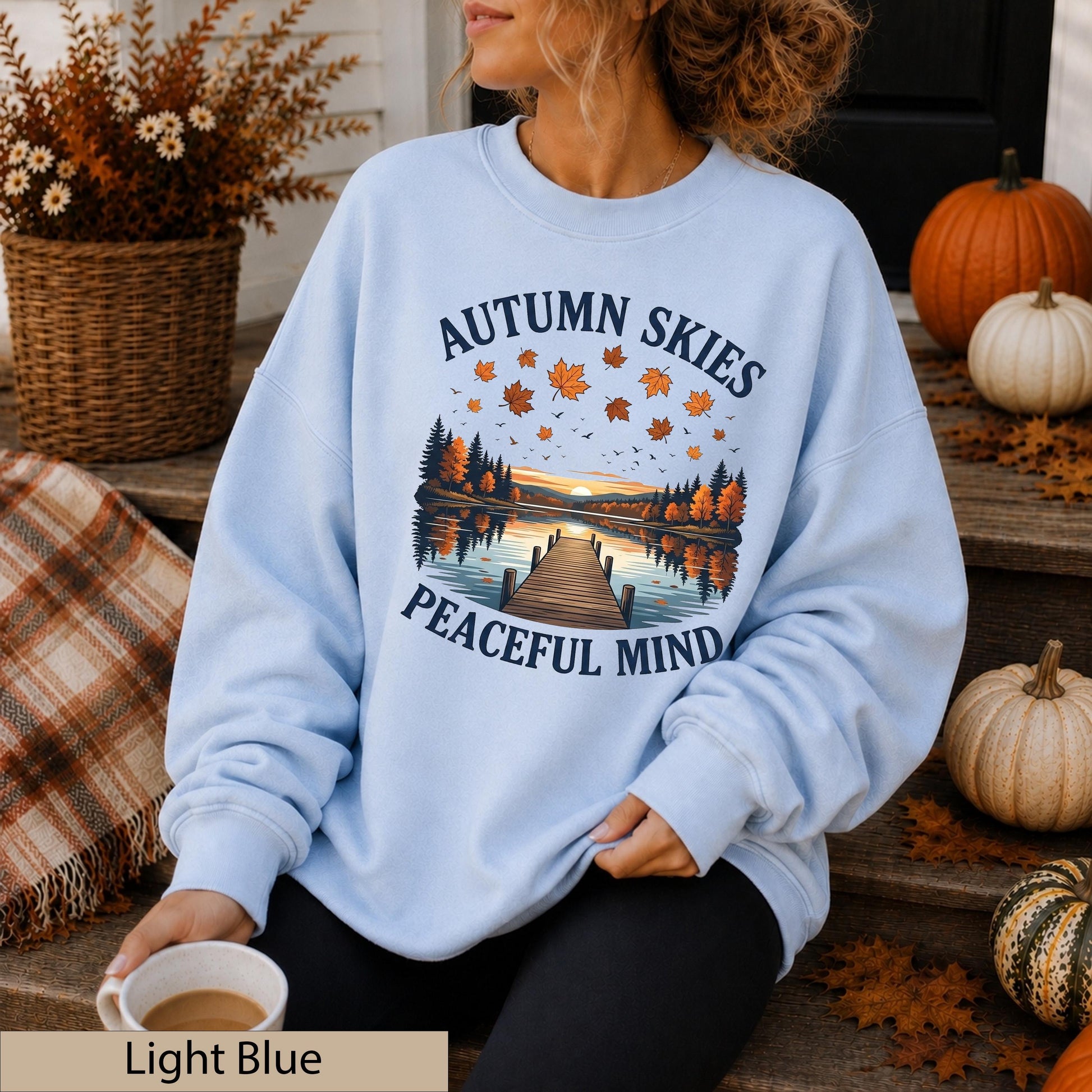 Autumn Skies Peaceful Mind Crewneck, Lakeside Sunset Landscape Sweater