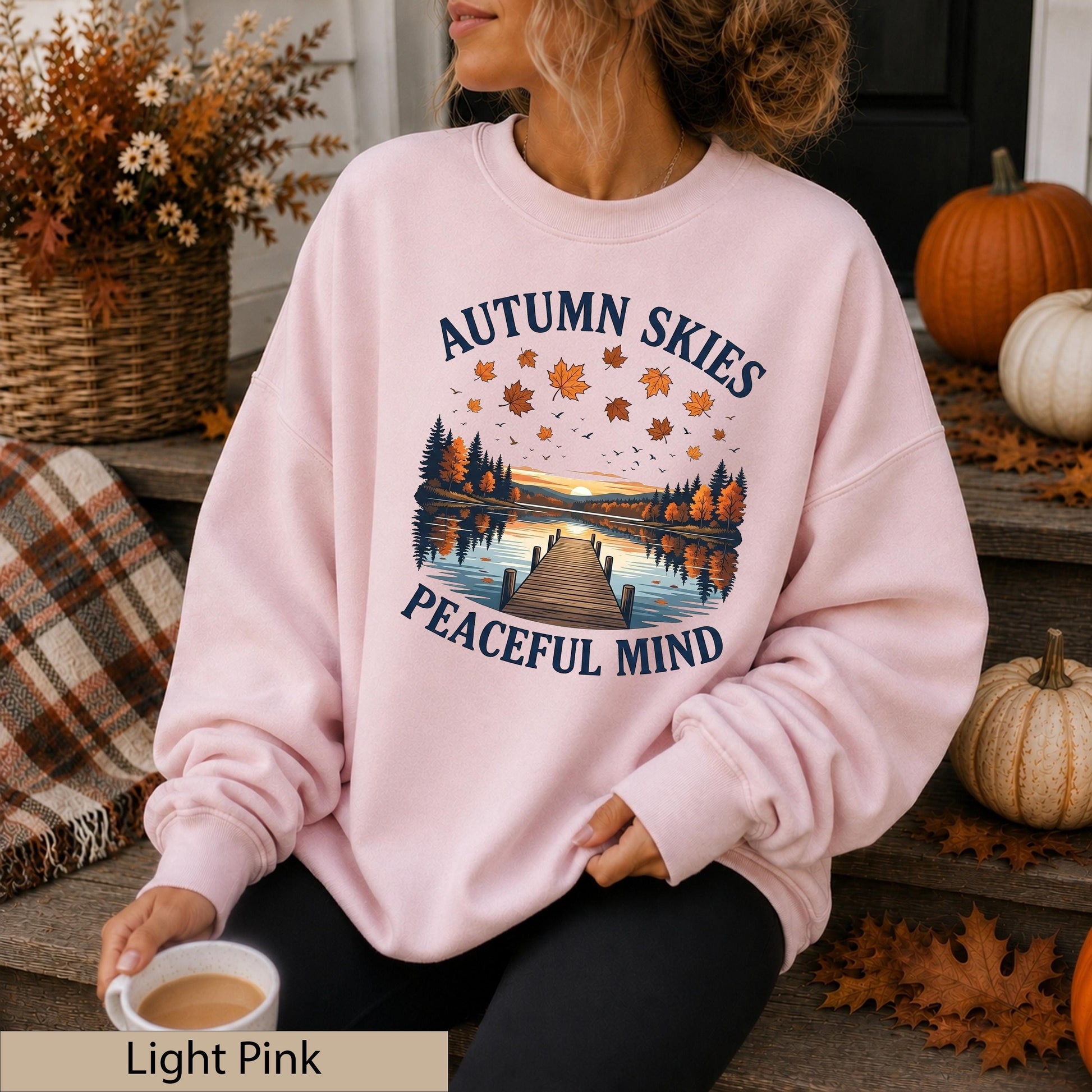 Autumn Skies Peaceful Mind Crewneck, Lakeside Sunset Landscape Sweater