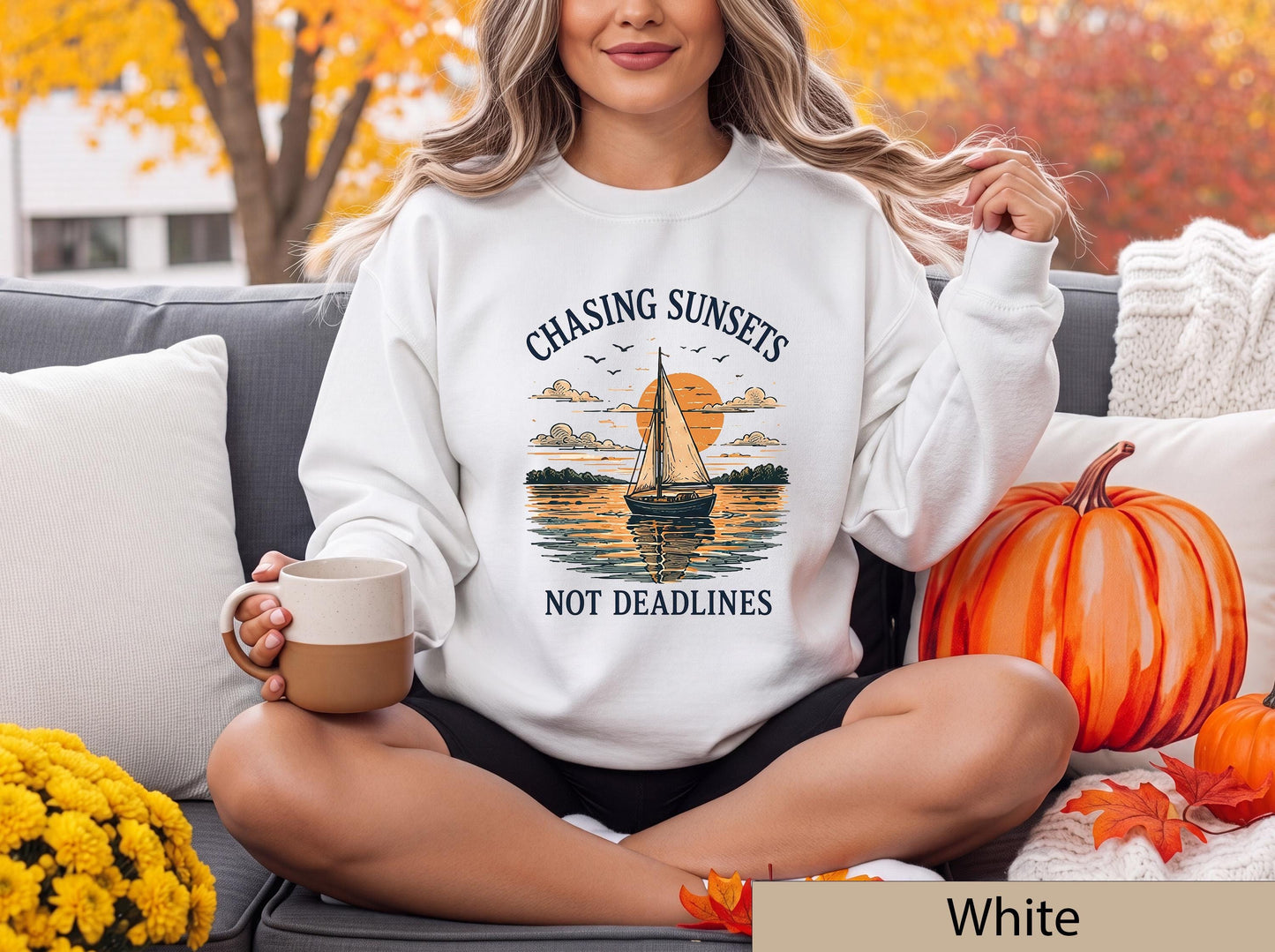 Chasing Sunsets Not Deadlines Sweatshirt, Sailboat Lake House Crewneck, Nautical Sunset Sweater