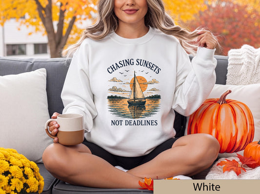 Chasing Sunsets Not Deadlines Sweatshirt, Sailboat Lake House Crewneck, Nautical Sunset Sweater