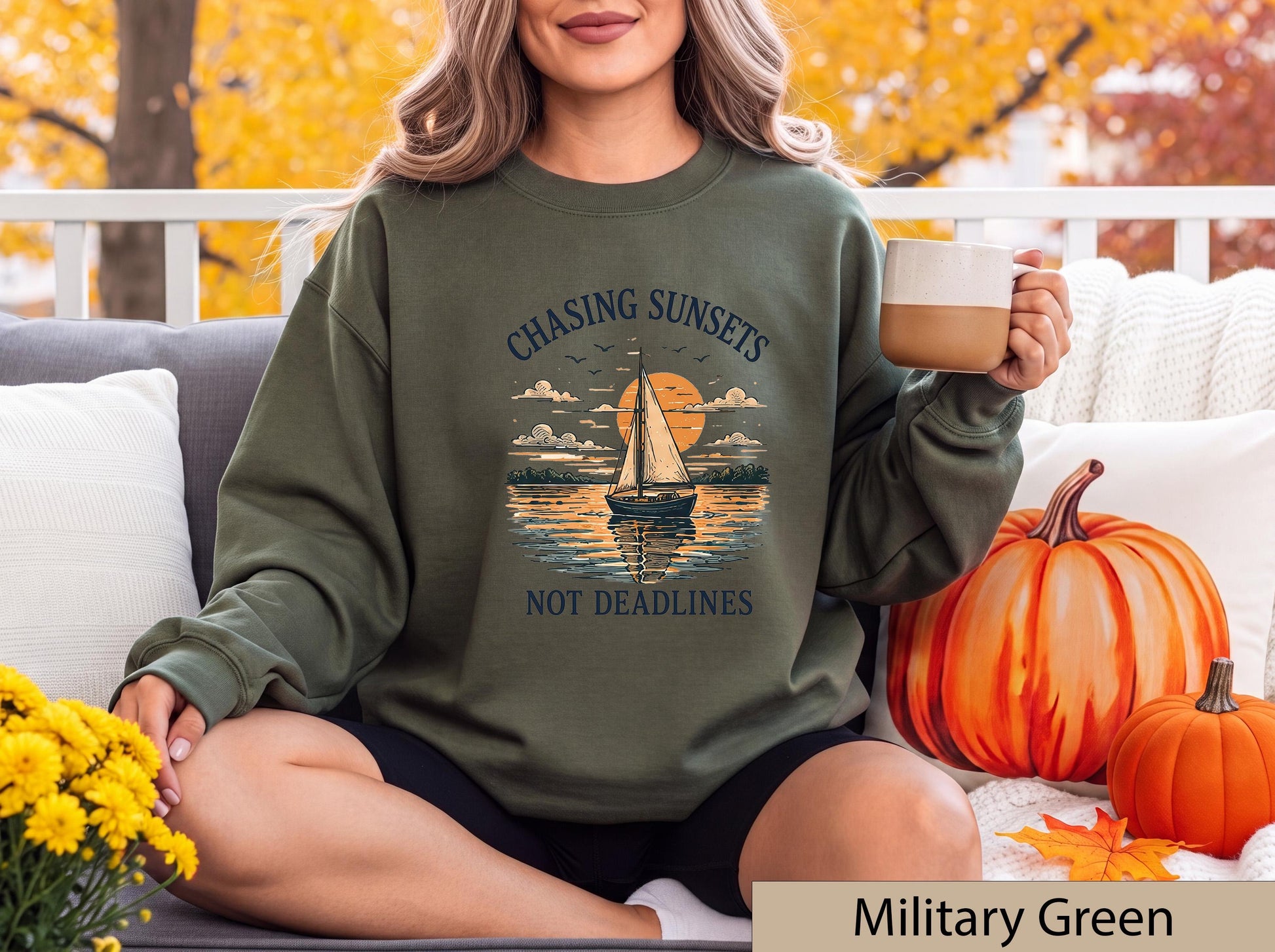 Chasing Sunsets Not Deadlines Sweatshirt, Sailboat Lake House Crewneck, Nautical Sunset Sweater