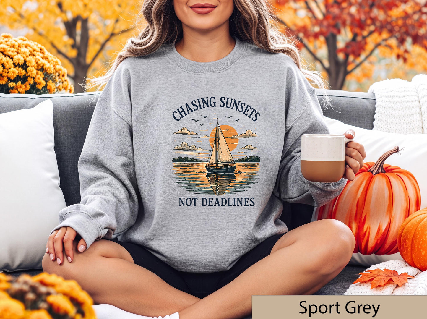 Chasing Sunsets Not Deadlines Sweatshirt, Sailboat Lake House Crewneck, Nautical Sunset Sweater