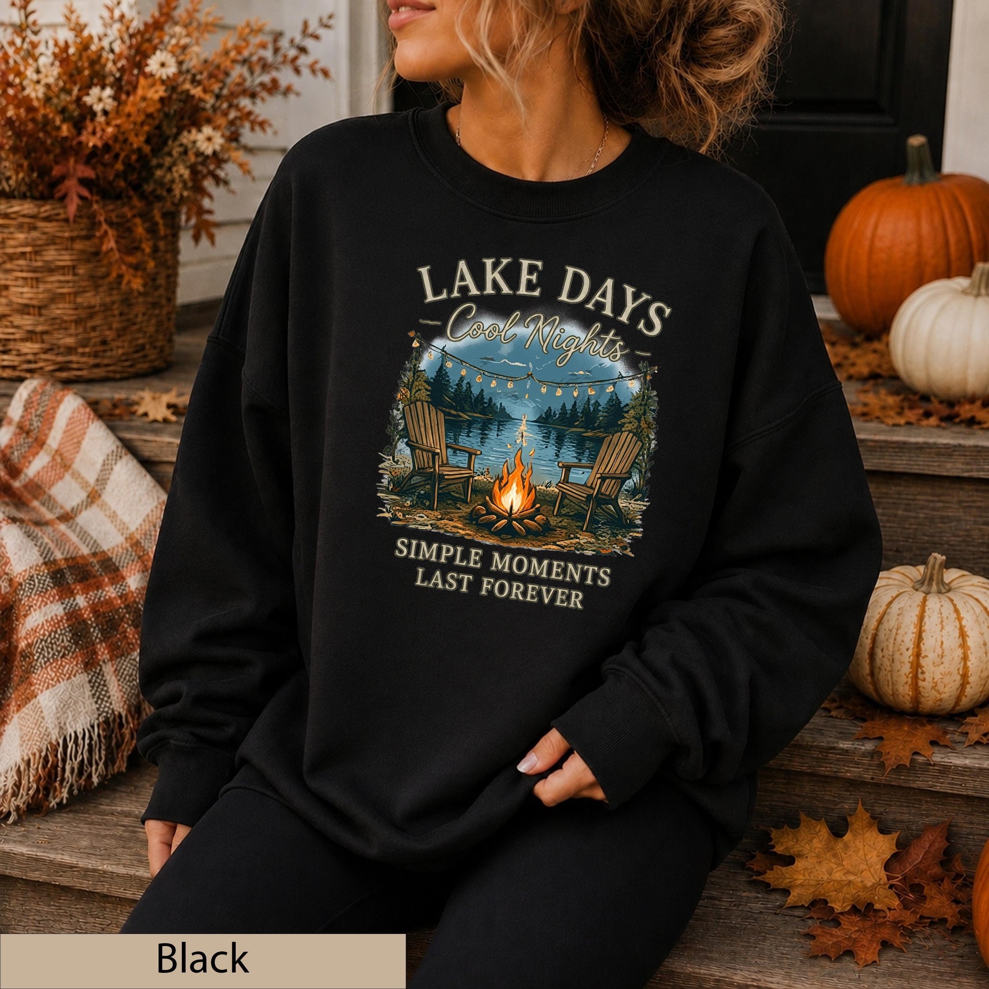Lake Days Crisp Nights Crewneck Sweatshirt, Lakeside Campfire Cabin Sweater