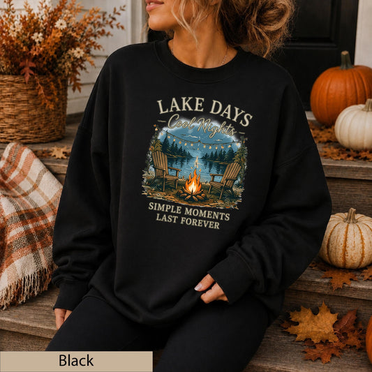 Lake Days Crisp Nights Crewneck Sweatshirt, Lakeside Campfire Cabin Sweater