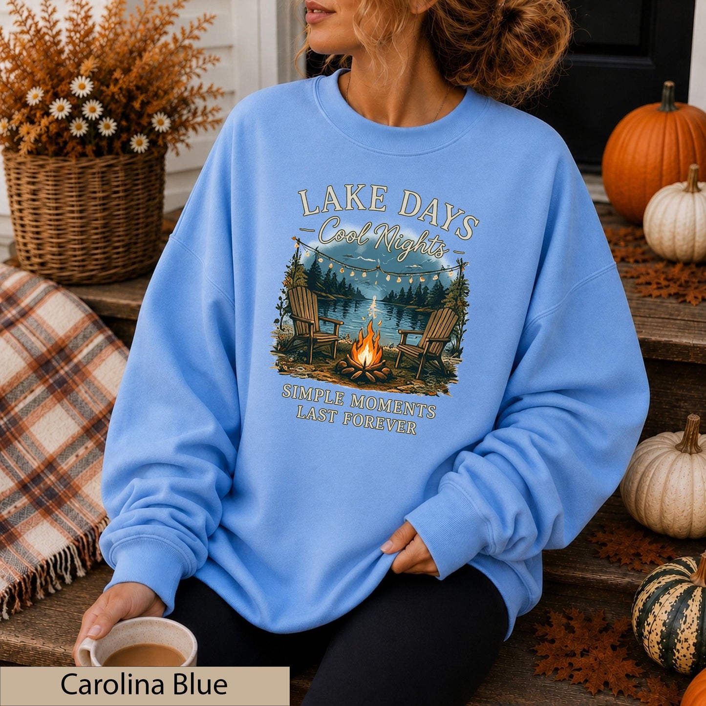 Lake Days Crisp Nights Crewneck Sweatshirt, Lakeside Campfire Cabin Sweater