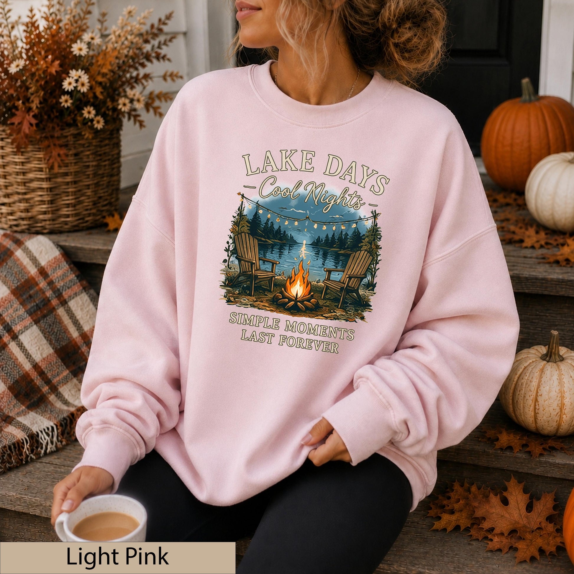 Lake Days Crisp Nights Crewneck Sweatshirt, Lakeside Campfire Cabin Sweater