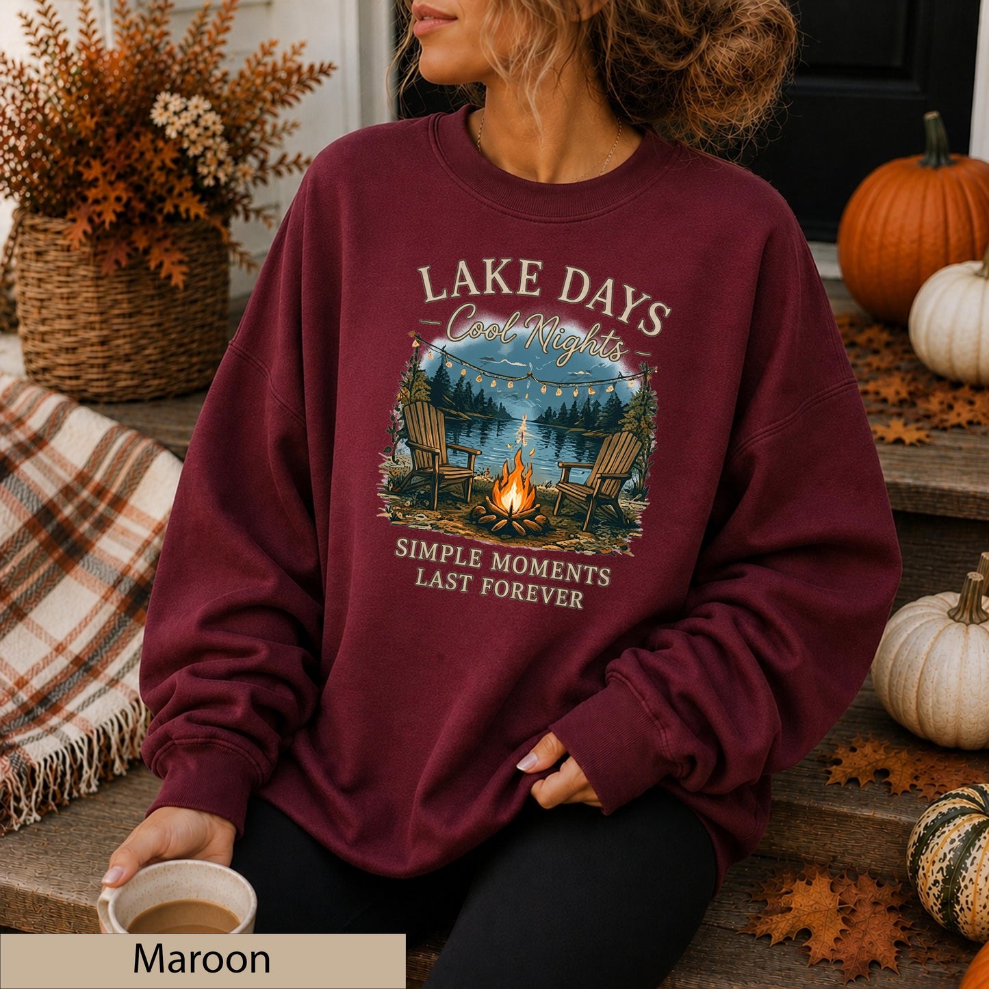 Lake Days Crisp Nights Crewneck Sweatshirt, Lakeside Campfire Cabin Sweater