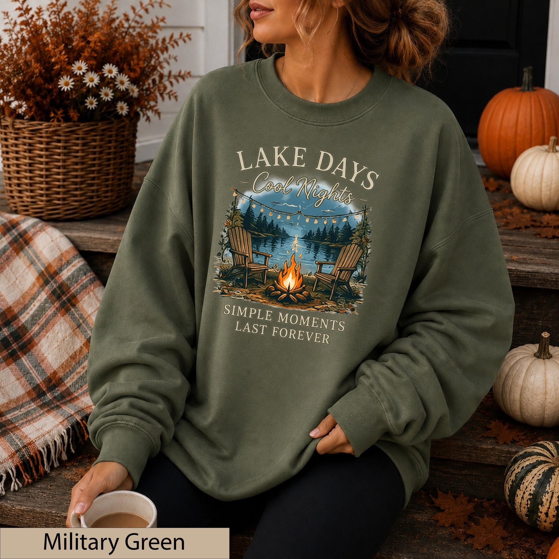 Lake Days Crisp Nights Crewneck Sweatshirt, Lakeside Campfire Cabin Sweater