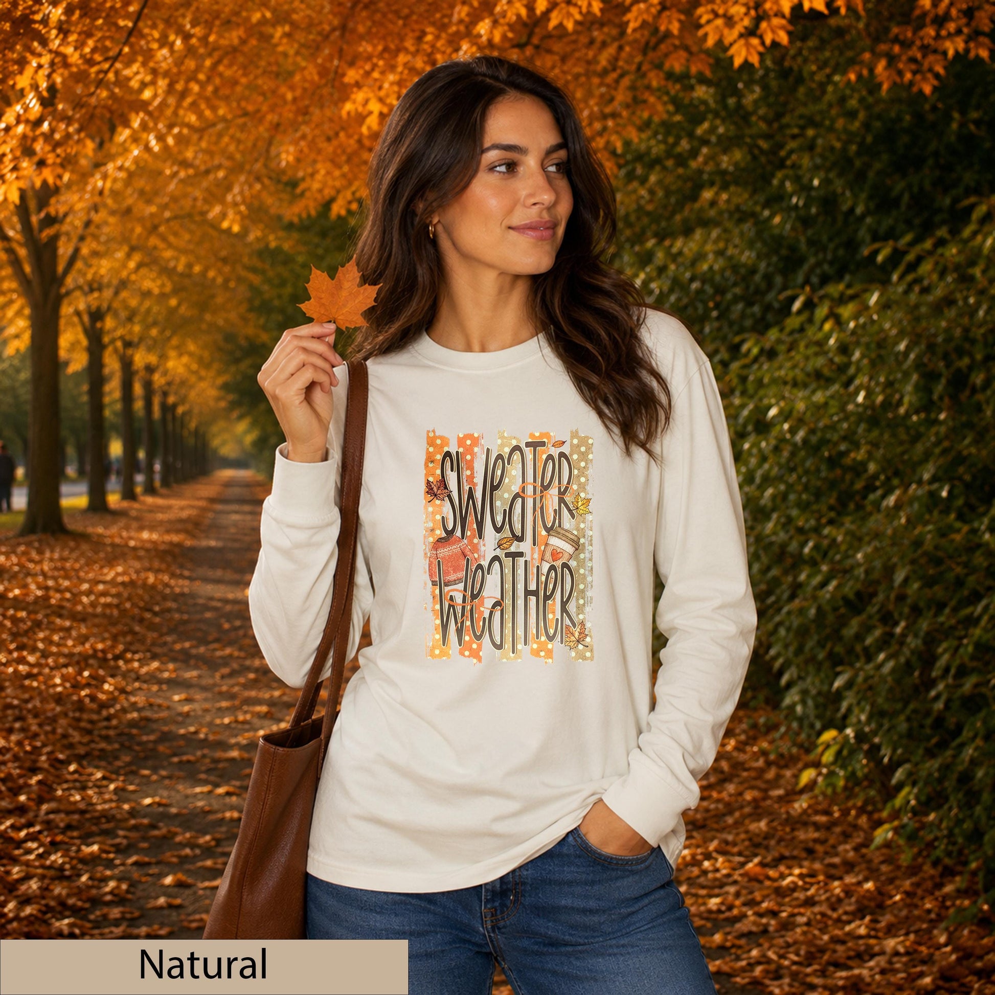 Sweater Weather Retro Fall Long Sleeve Shirt, Distressed Autumn Graphic Top, Coffee Lover Jumper