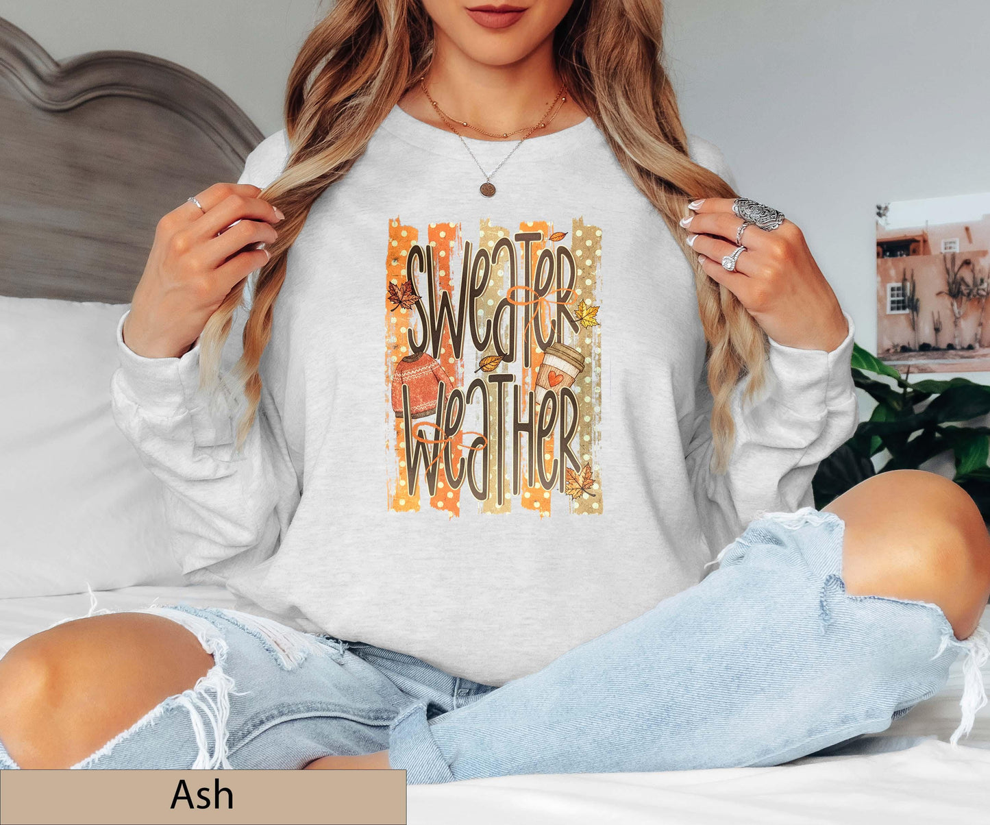 Sweater Weather Retro Fall Long Sleeve Shirt, Distressed Autumn Graphic Top, Coffee Lover Jumper