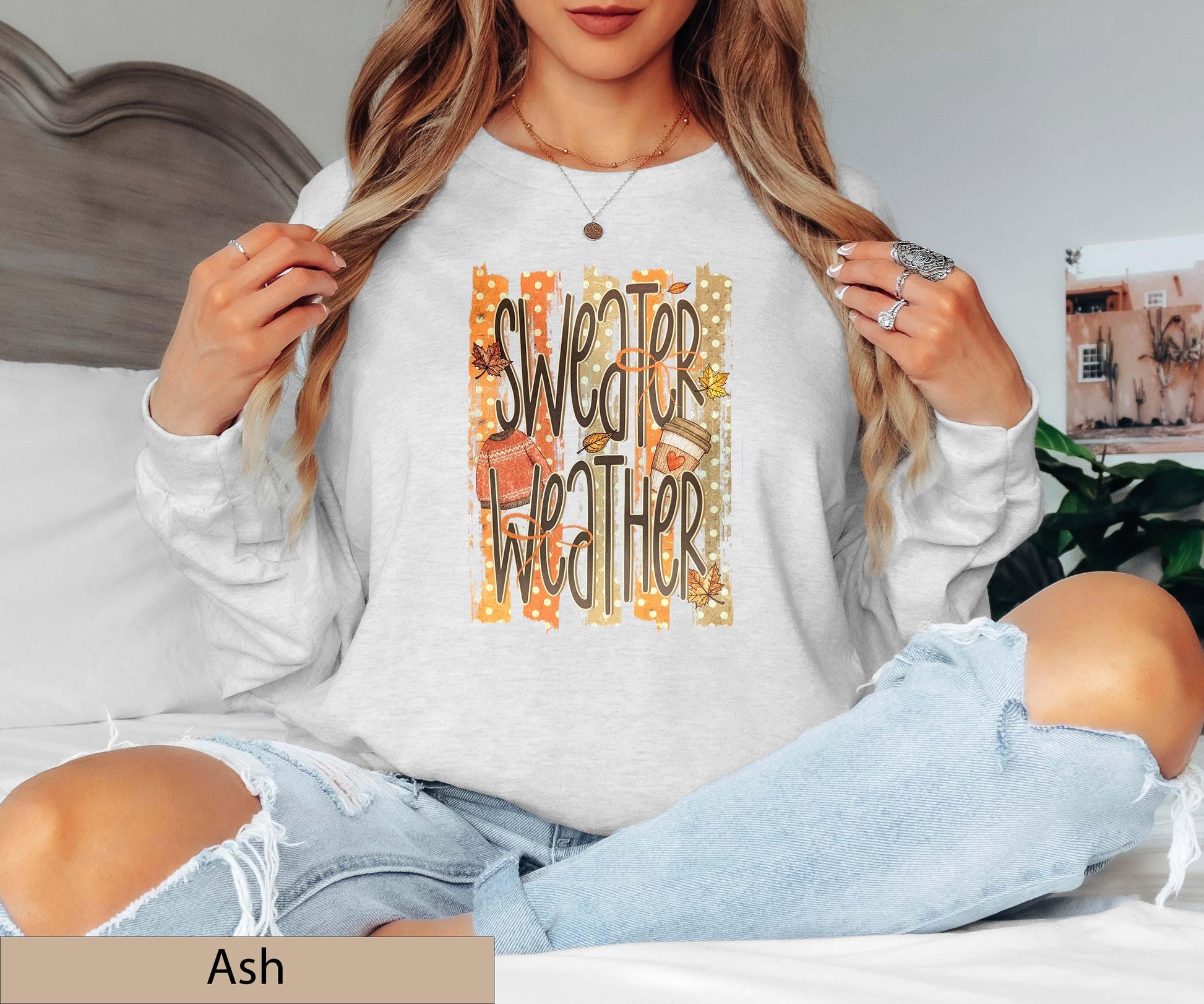 Sweater Weather Retro Fall Long Sleeve Shirt, Distressed Autumn Graphic Top, Coffee Lover Jumper