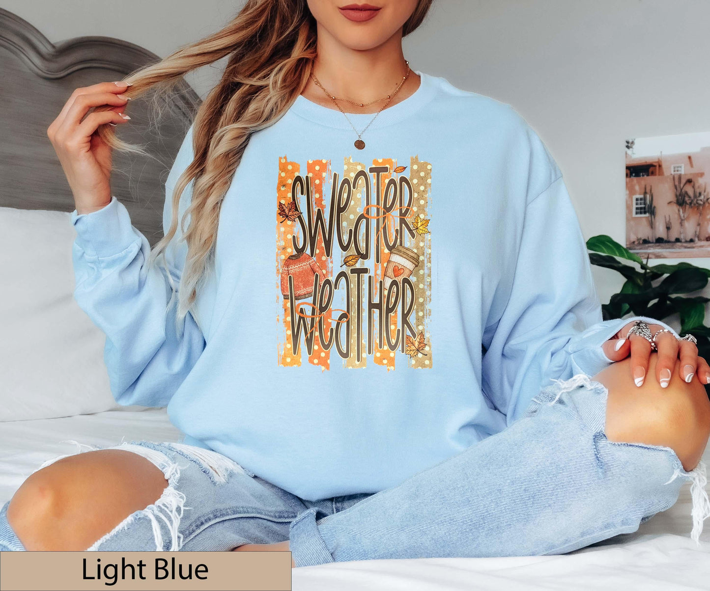 Sweater Weather Retro Fall Long Sleeve Shirt, Distressed Autumn Graphic Top, Coffee Lover Jumper