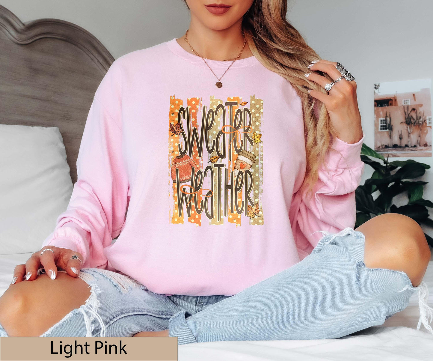 Sweater Weather Retro Fall Long Sleeve Shirt, Distressed Autumn Graphic Top, Coffee Lover Jumper
