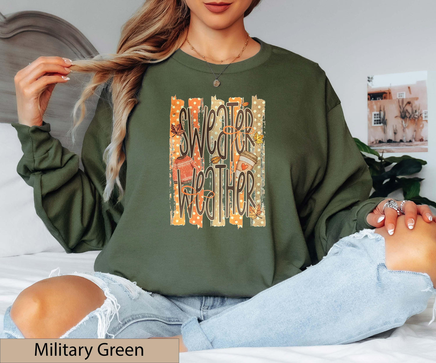Sweater Weather Retro Fall Long Sleeve Shirt, Distressed Autumn Graphic Top, Coffee Lover Jumper