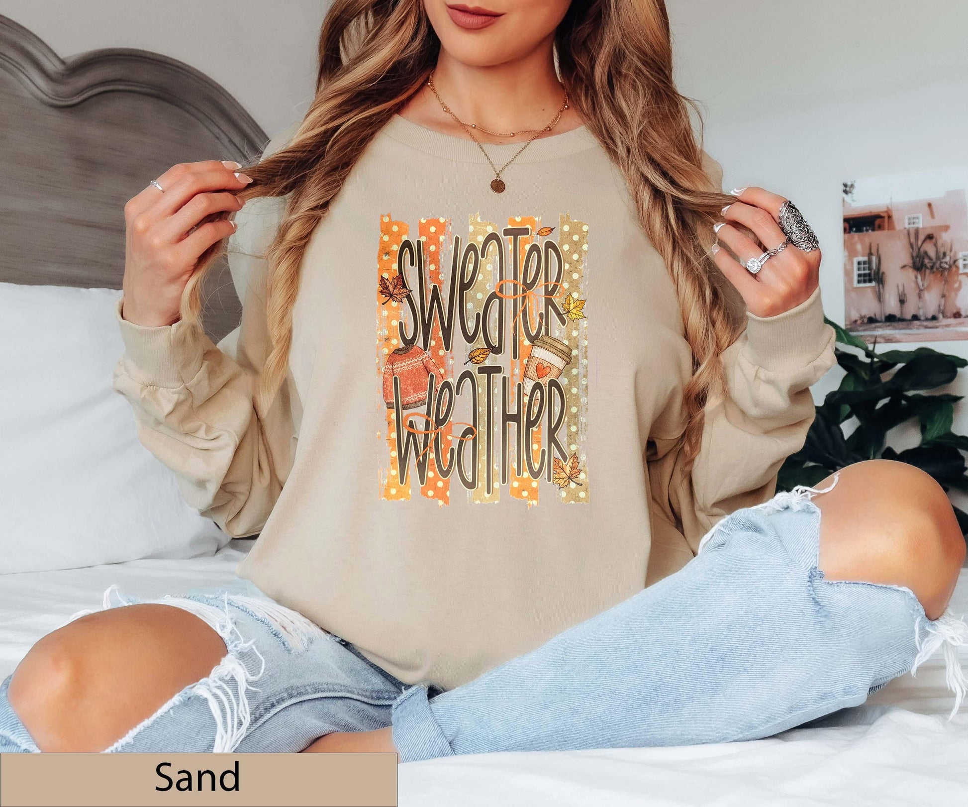 Sweater Weather Retro Fall Long Sleeve Shirt, Distressed Autumn Graphic Top, Coffee Lover Jumper