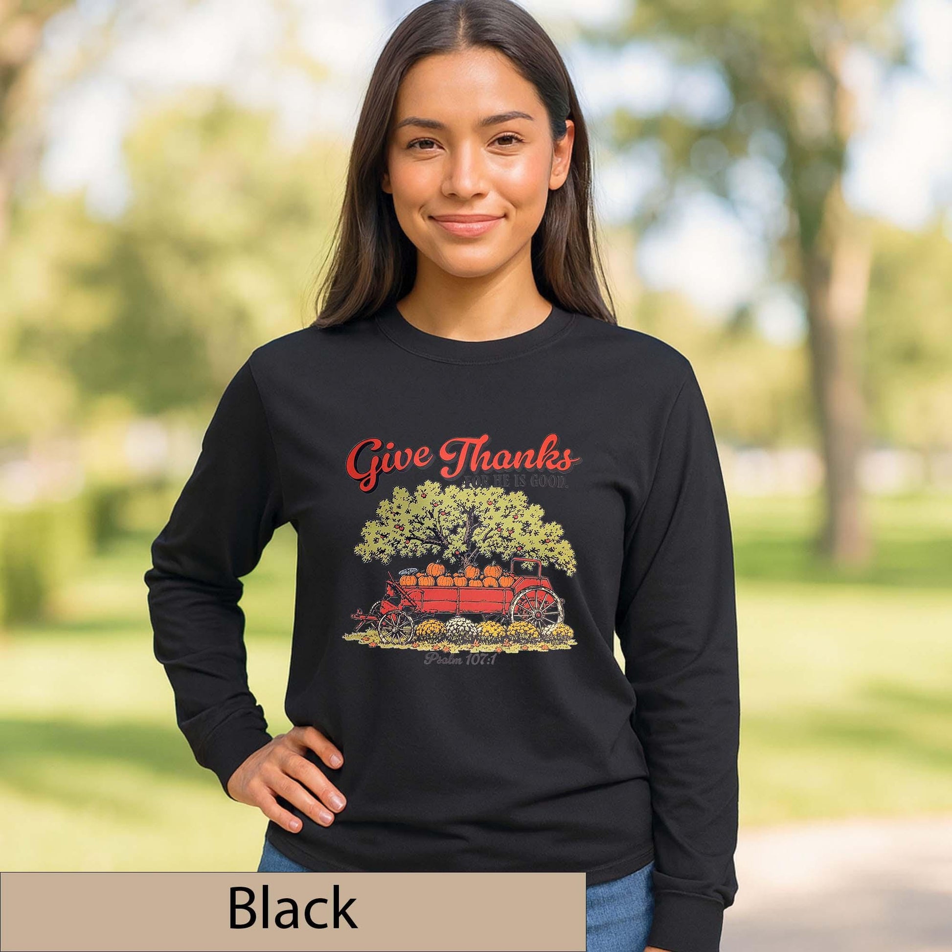 Give Thanks Psalm 107:1 Long Sleeve Shirt, Vintage Pumpkin Wagon Fall Top