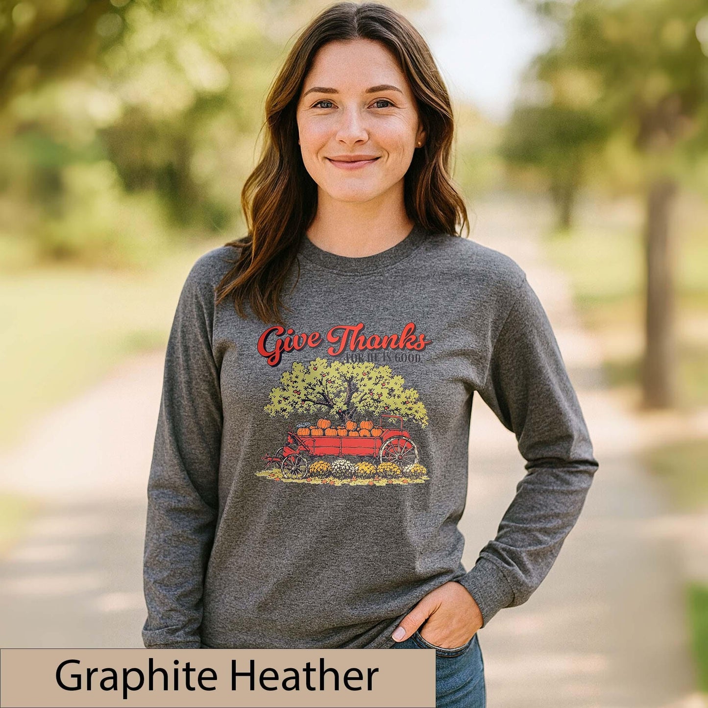 Give Thanks Psalm 107:1 Long Sleeve Shirt, Vintage Pumpkin Wagon Fall Top