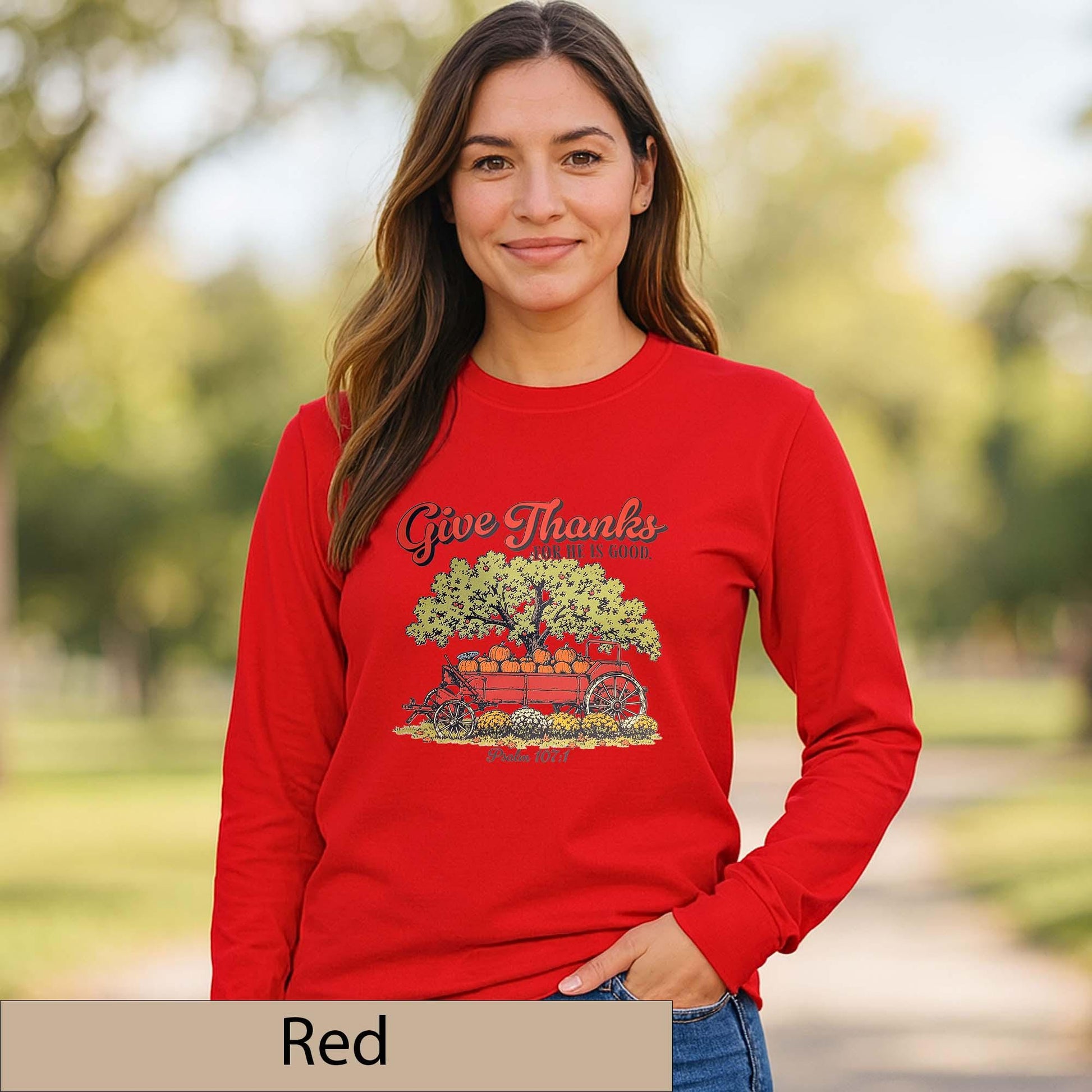 Give Thanks Psalm 107:1 Long Sleeve Shirt, Vintage Pumpkin Wagon Fall Top