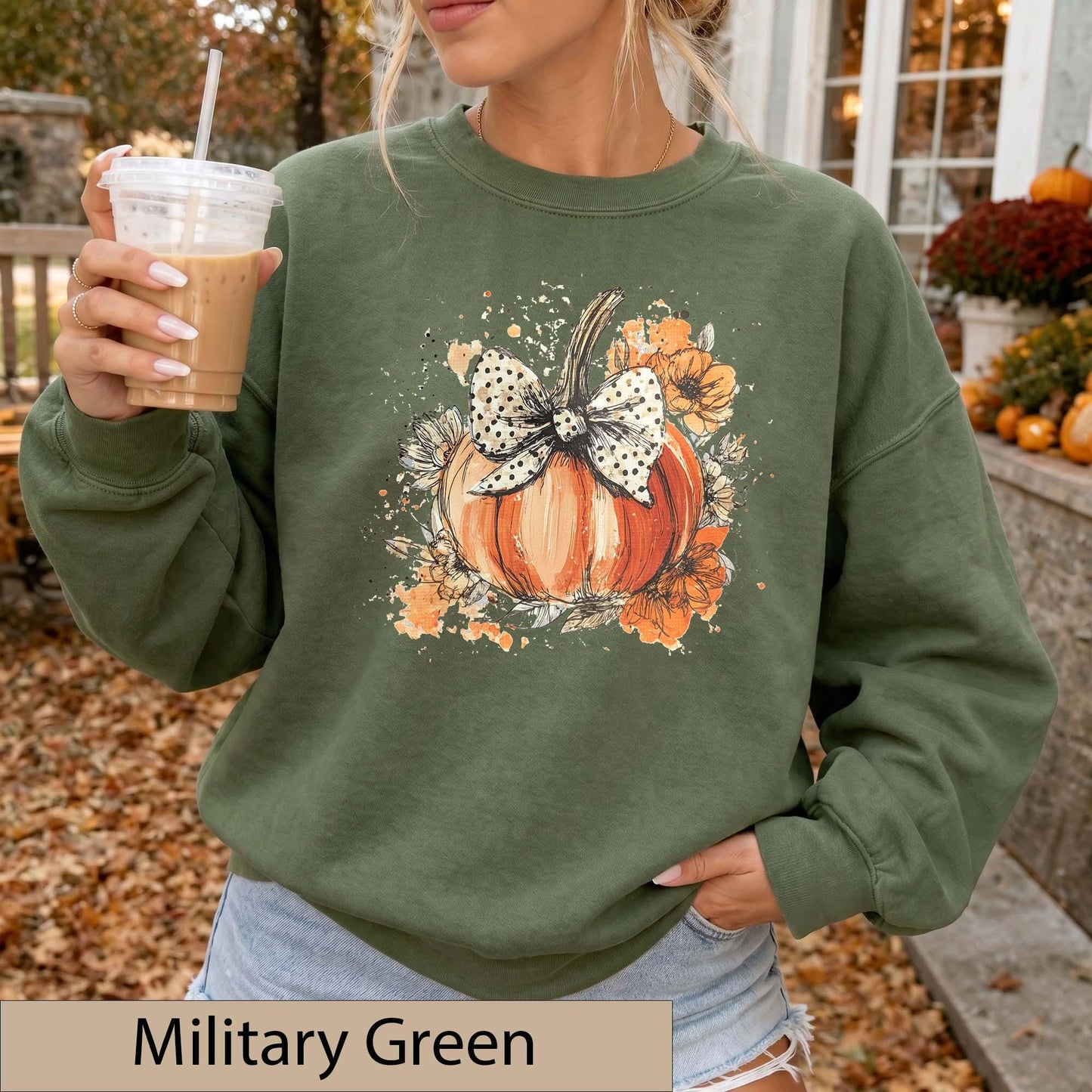 Watercolor Floral Pumpkin Bow Sweatshirt, Polka Dot Fall Crewneck Sweater