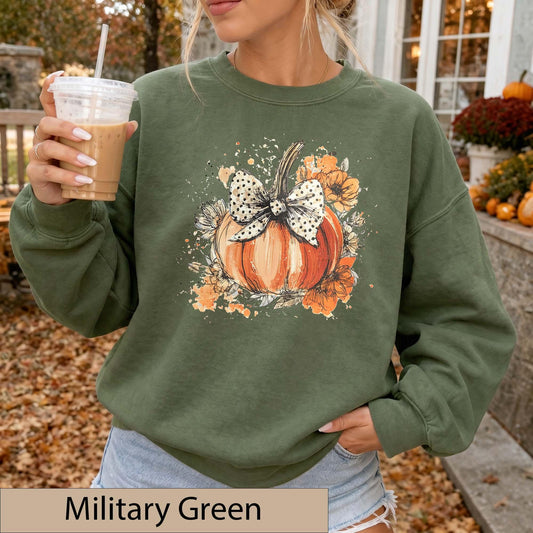 Watercolor Floral Pumpkin Bow Sweatshirt, Polka Dot Fall Crewneck Sweater