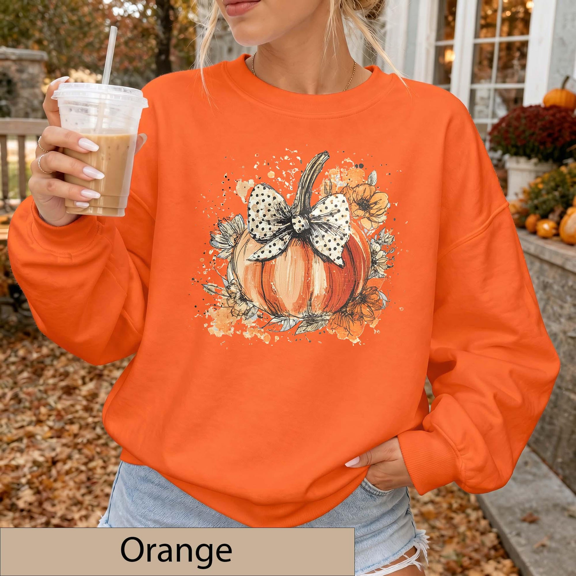 Watercolor Floral Pumpkin Bow Sweatshirt, Polka Dot Fall Crewneck Sweater