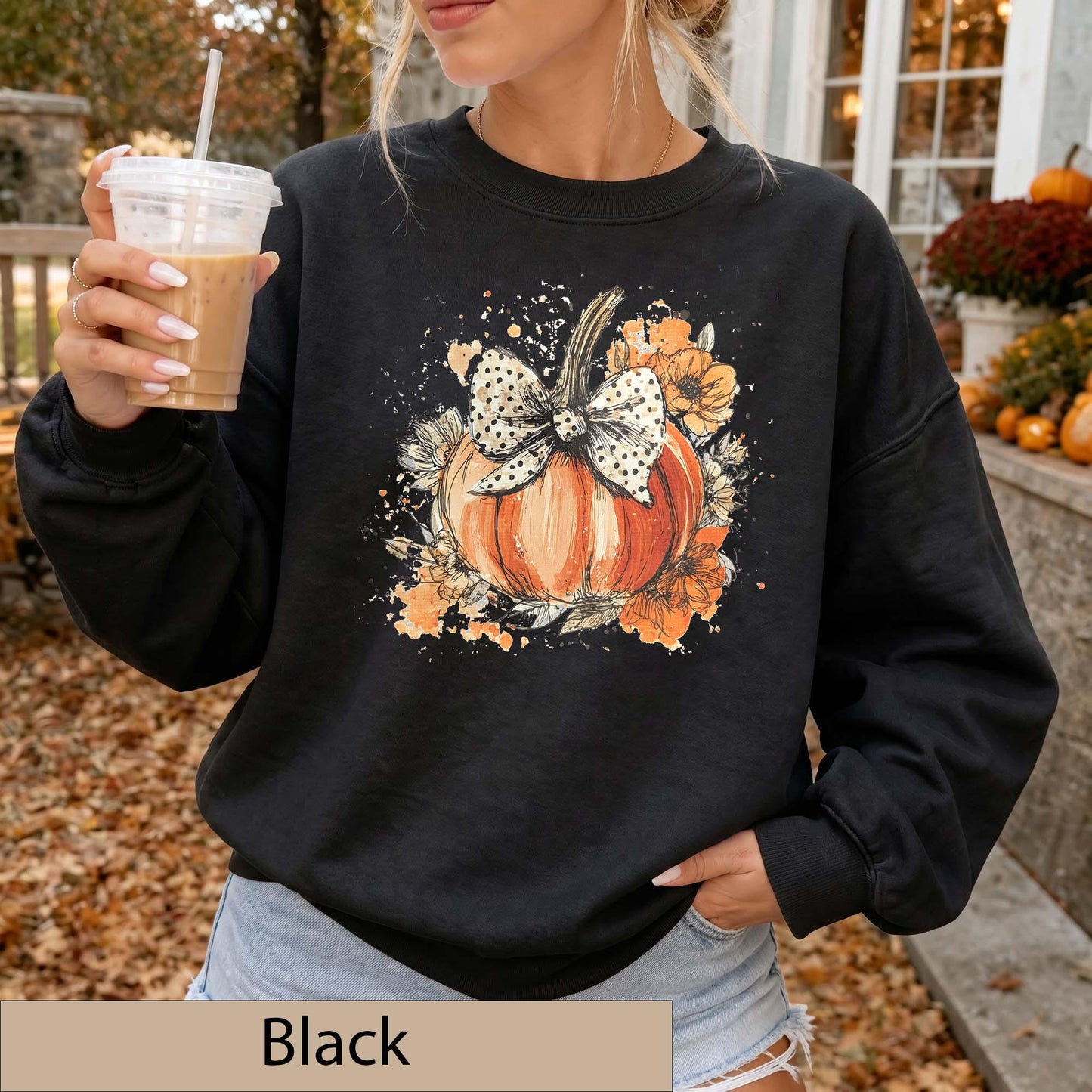 Watercolor Floral Pumpkin Bow Sweatshirt, Polka Dot Fall Crewneck Sweater