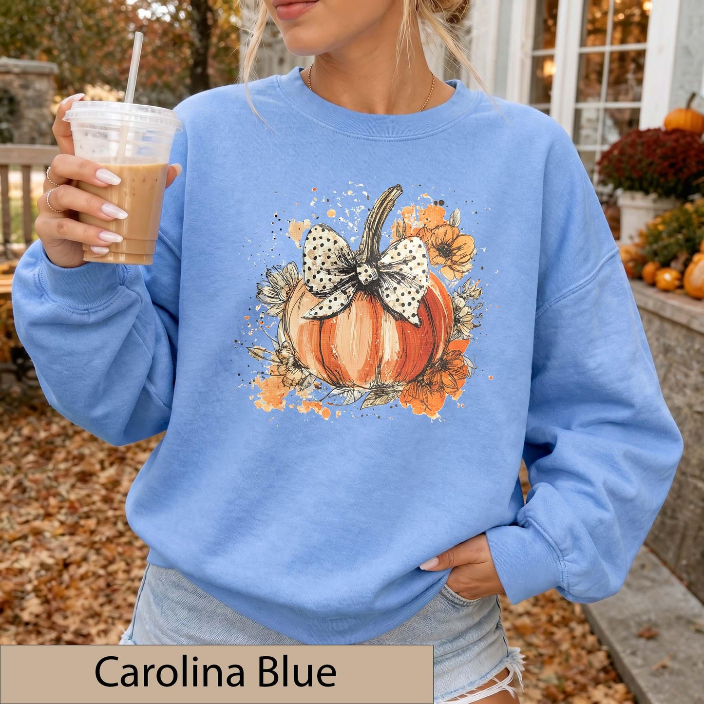 Watercolor Floral Pumpkin Bow Sweatshirt, Polka Dot Fall Crewneck Sweater