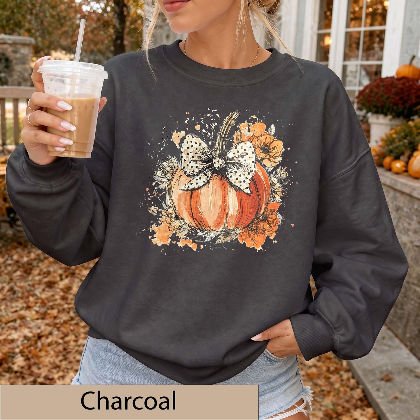 Watercolor Floral Pumpkin Bow Sweatshirt, Polka Dot Fall Crewneck Sweater