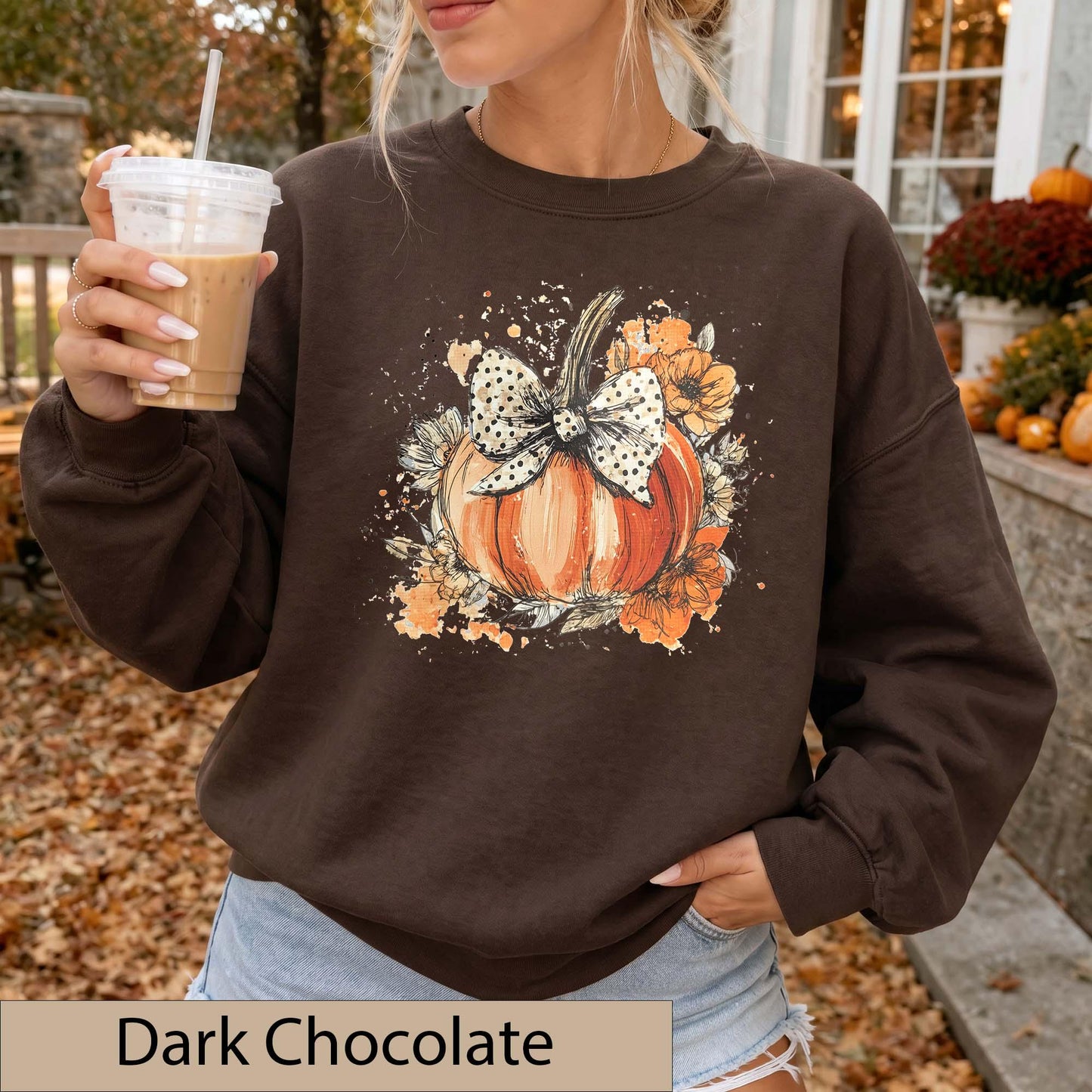 Watercolor Floral Pumpkin Bow Sweatshirt, Polka Dot Fall Crewneck Sweater