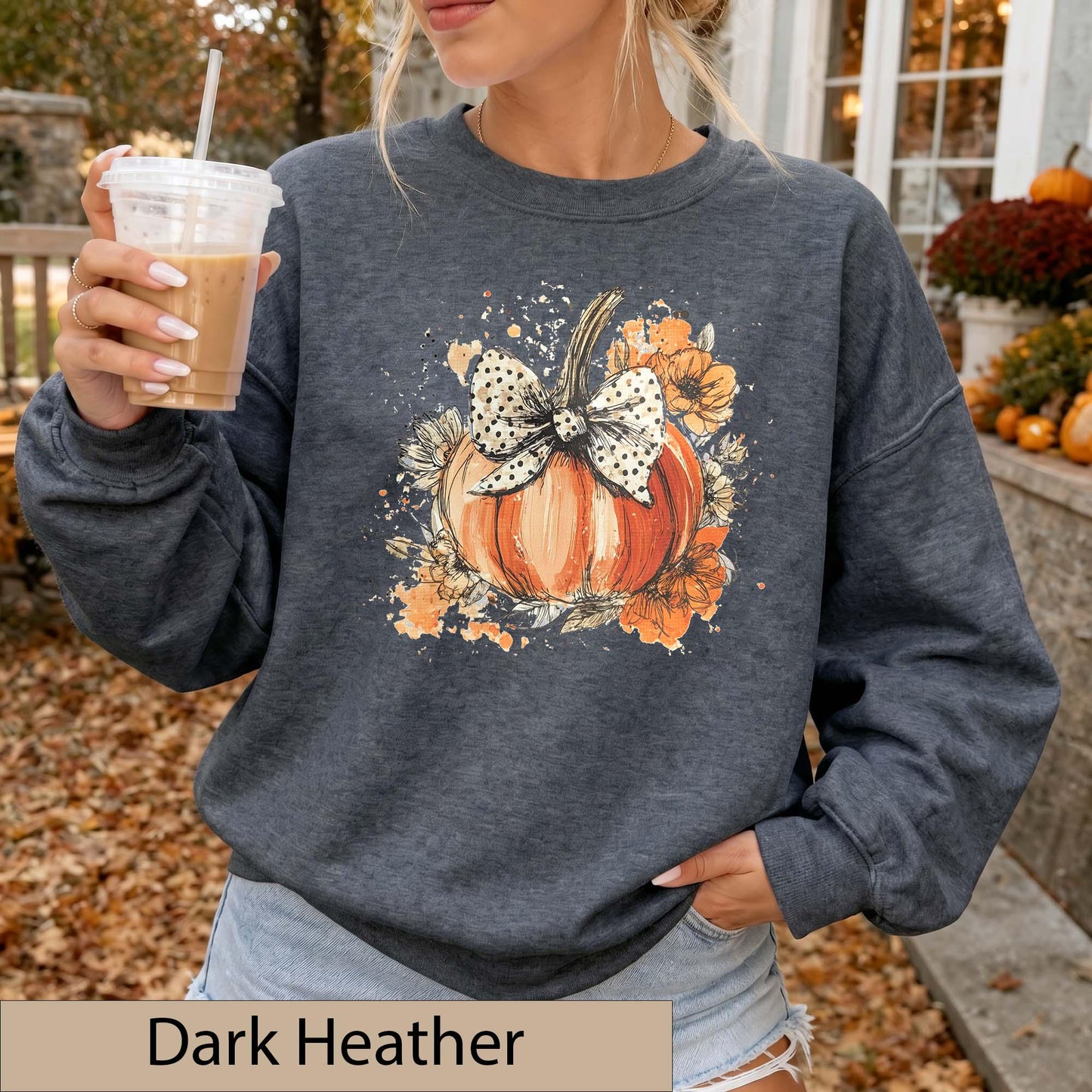 Watercolor Floral Pumpkin Bow Sweatshirt, Polka Dot Fall Crewneck Sweater