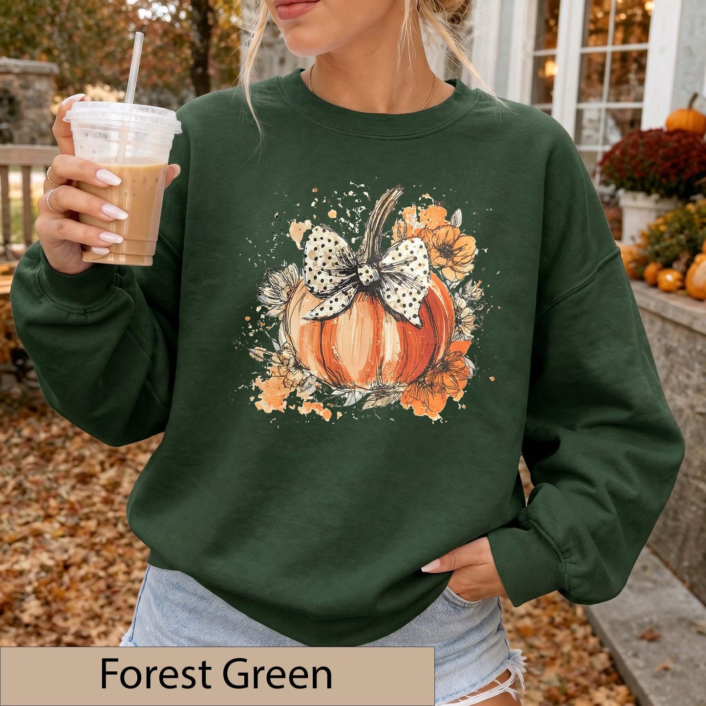 Watercolor Floral Pumpkin Bow Sweatshirt, Polka Dot Fall Crewneck Sweater