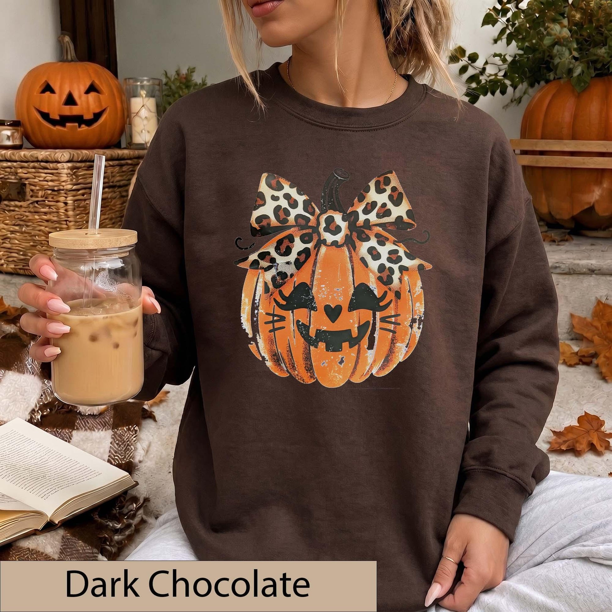 Leopard Bow Jack-O'-Lantern Sweatshirt, Distressed Pumpkin Halloween Sweater, Animal Print Fall Top