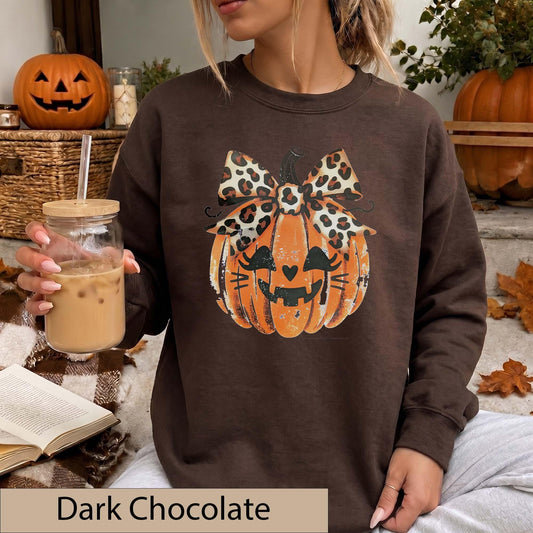 Leopard Bow Jack-O'-Lantern Sweatshirt, Distressed Pumpkin Halloween Sweater, Animal Print Fall Top