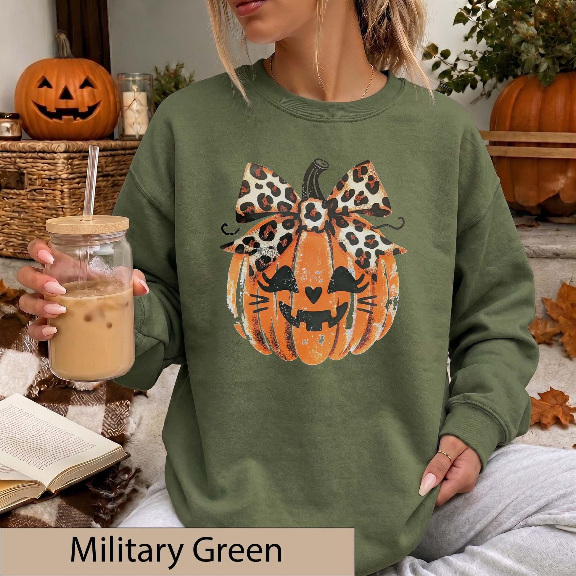 Leopard Bow Jack-O'-Lantern Sweatshirt, Distressed Pumpkin Halloween Sweater, Animal Print Fall Top