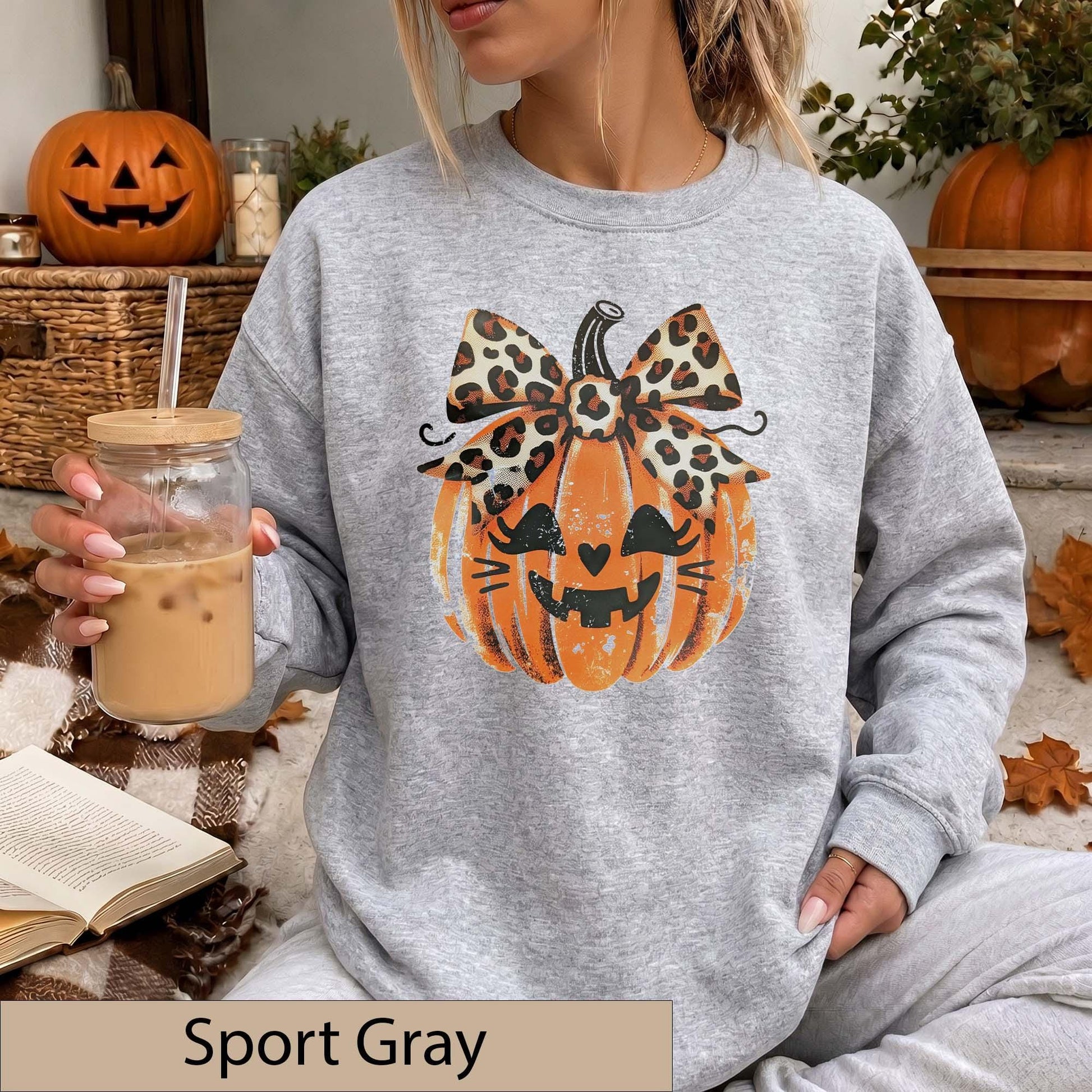 Leopard Bow Jack-O'-Lantern Sweatshirt, Distressed Pumpkin Halloween Sweater, Animal Print Fall Top