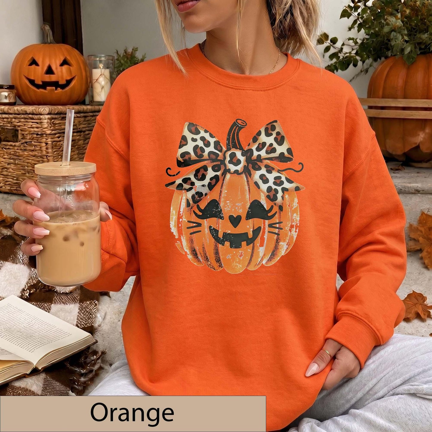 Leopard Bow Jack-O'-Lantern Sweatshirt, Distressed Pumpkin Halloween Sweater, Animal Print Fall Top