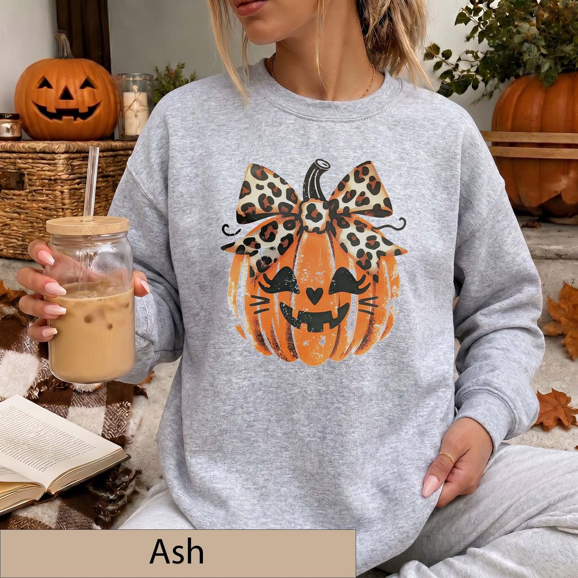 Leopard Bow Jack-O'-Lantern Sweatshirt, Distressed Pumpkin Halloween Sweater, Animal Print Fall Top