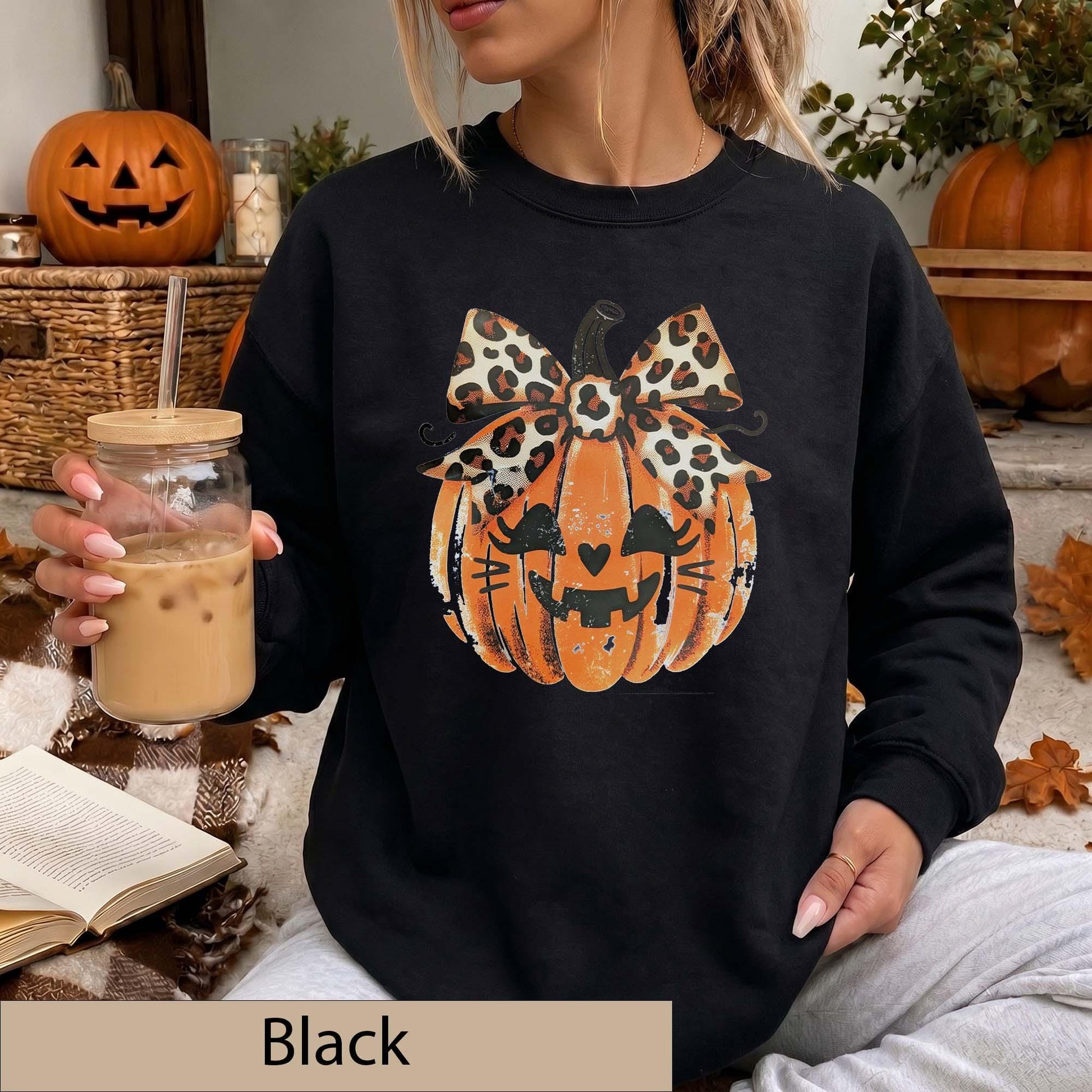 Leopard Bow Jack-O'-Lantern Sweatshirt, Distressed Pumpkin Halloween Sweater, Animal Print Fall Top