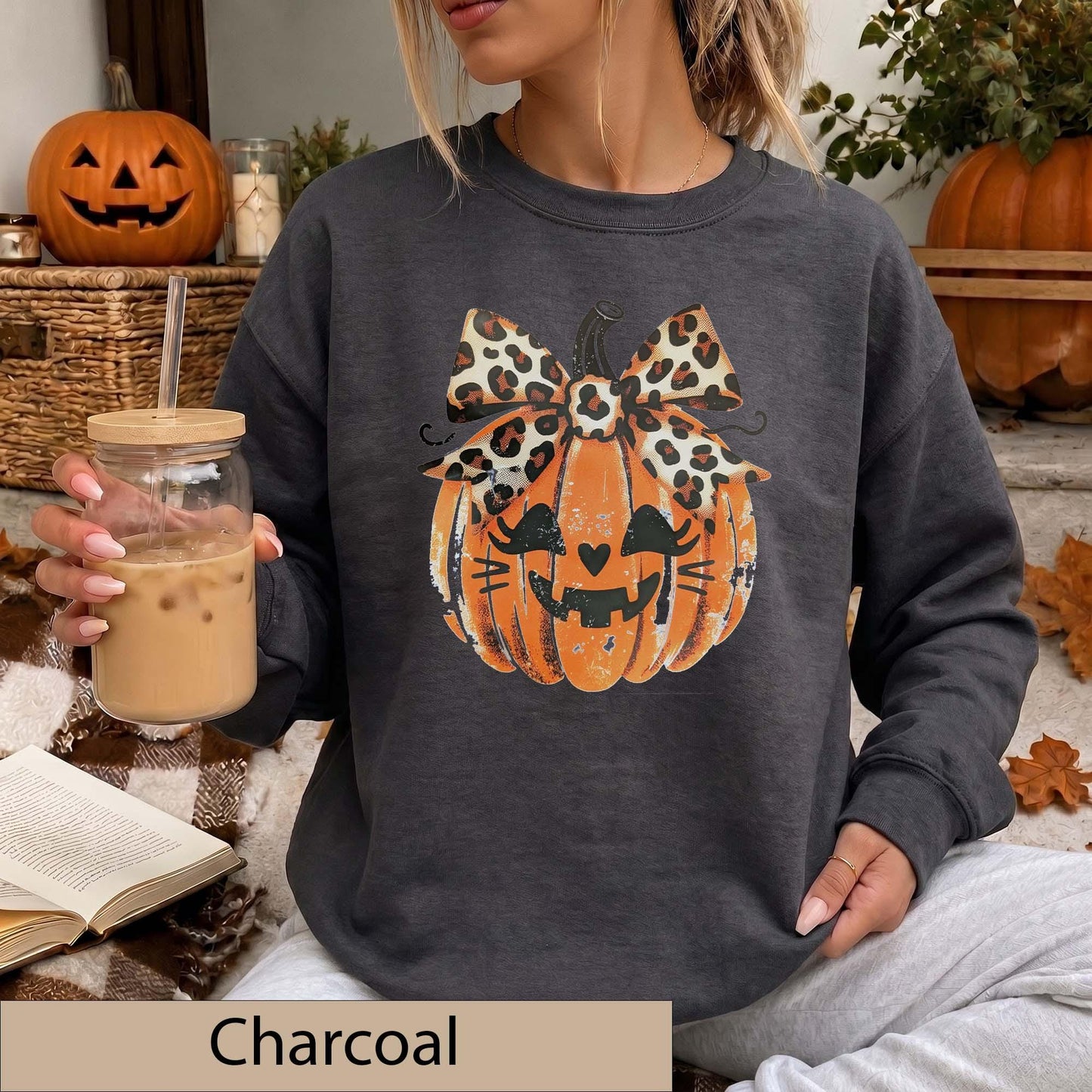 Leopard Bow Jack-O'-Lantern Sweatshirt, Distressed Pumpkin Halloween Sweater, Animal Print Fall Top