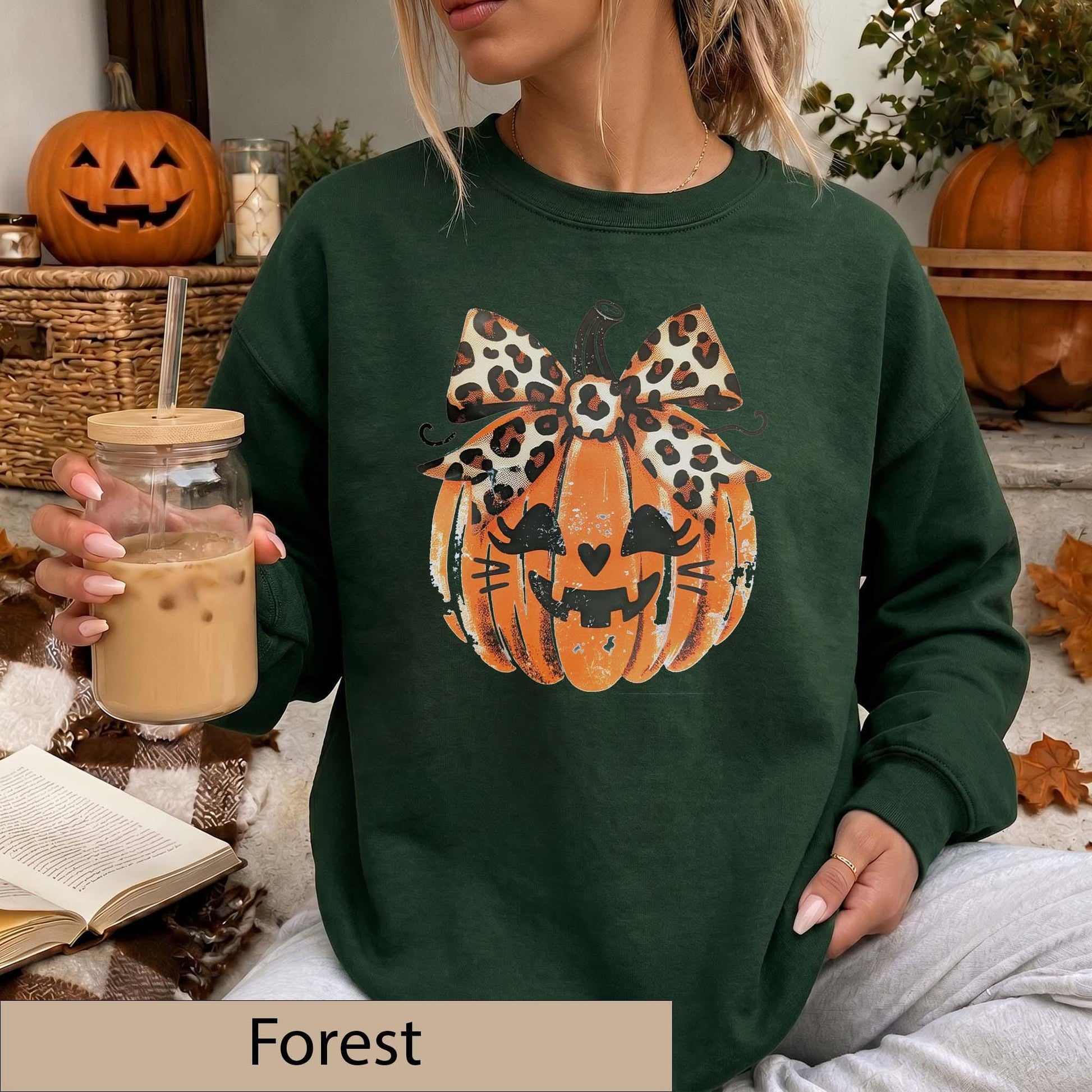Leopard Bow Jack-O'-Lantern Sweatshirt, Distressed Pumpkin Halloween Sweater, Animal Print Fall Top