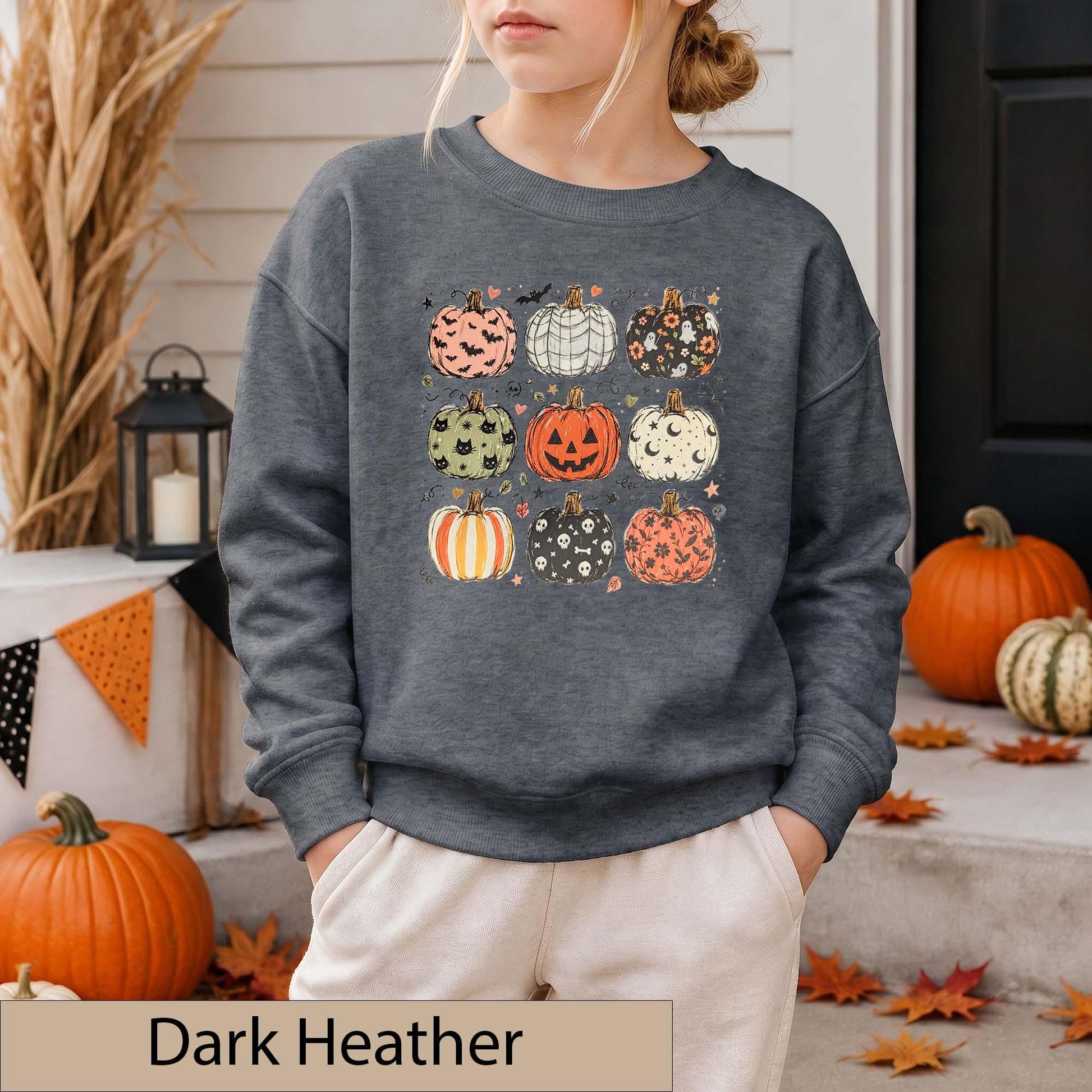 Youth Halloween Pumpkin Grid Sweatshirt, Spooky Season Crewneck, Ghosts Bats Skulls Sweater