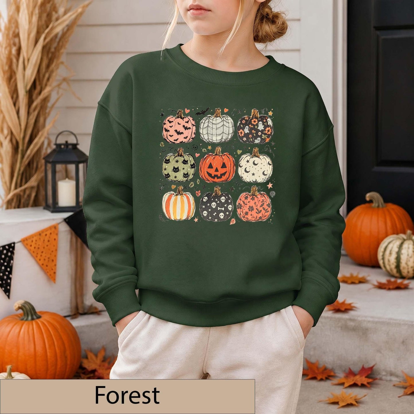 Youth Halloween Pumpkin Grid Sweatshirt, Spooky Season Crewneck, Ghosts Bats Skulls Sweater