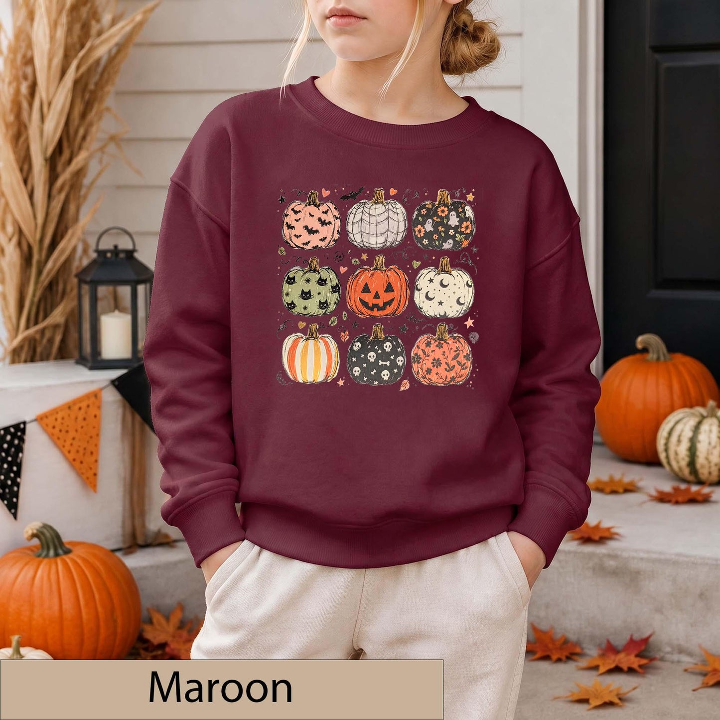 Youth Halloween Pumpkin Grid Sweatshirt, Spooky Season Crewneck, Ghosts Bats Skulls Sweater